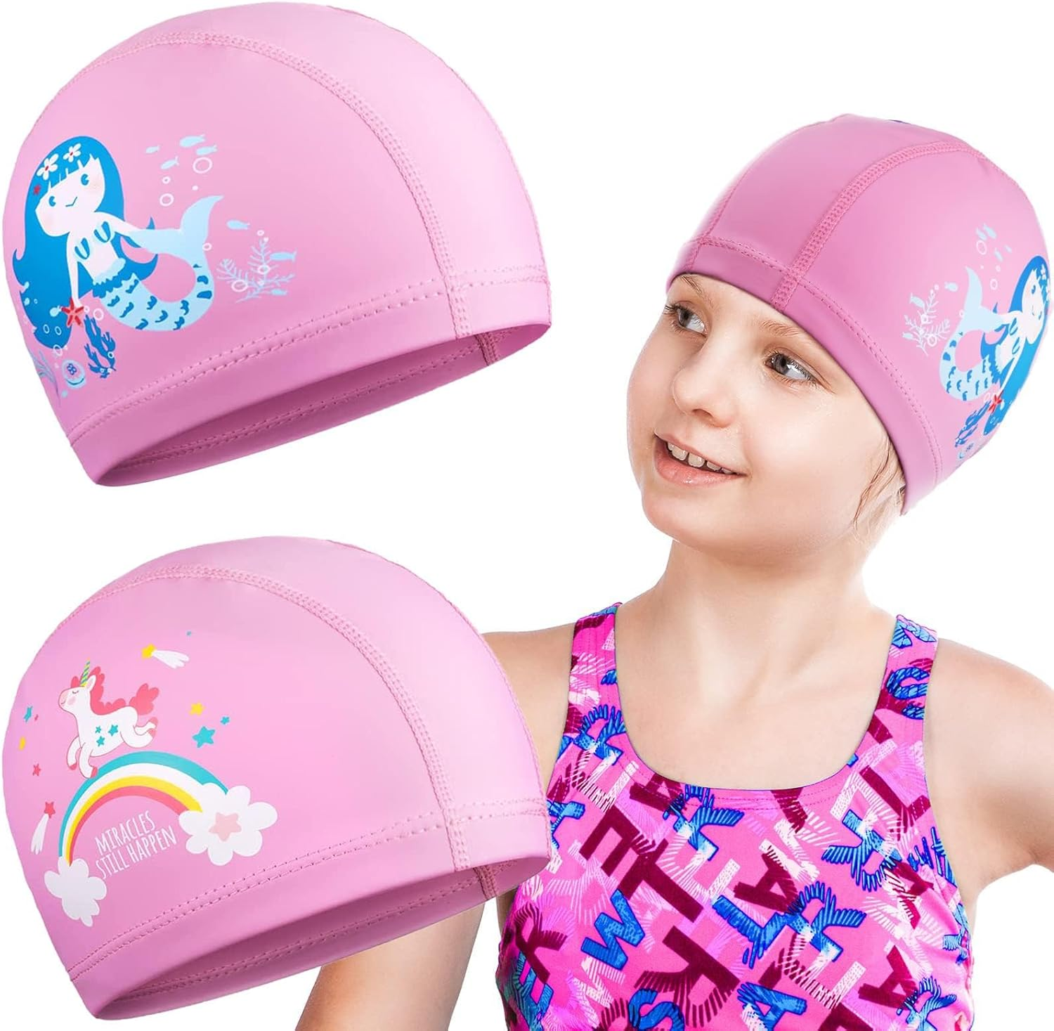 2 Pieces Swimming Cap Kids, Swim Cap Kids Long Hair, Waterproof Polyester Bonnet De Bain for Kid, Cartoon Mermaid Unicorn Kid Swim Cap, Kids Swimming Caps for Aged 2-12 Girls Teens image number 3