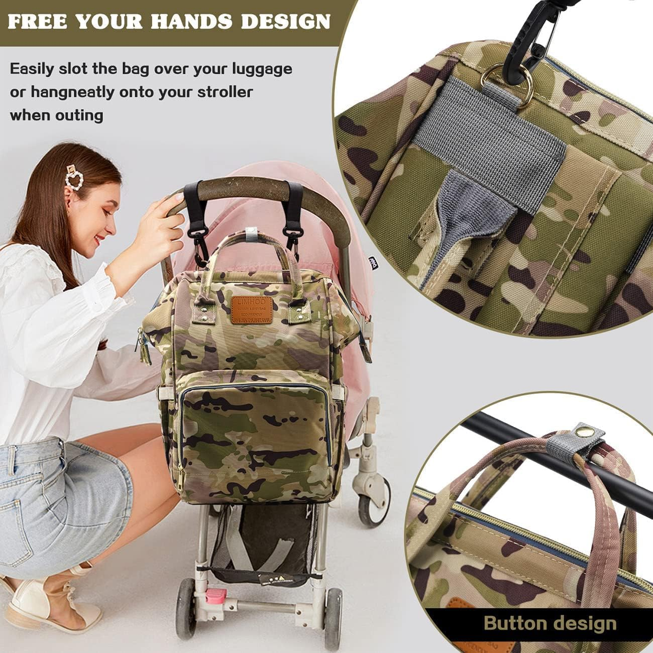 Limhoo Diaper Bag Backpack for Men Dad, Waterproof Large Canvas Camo Nappy Bags, Baby Care Bag - Army Green image number 6