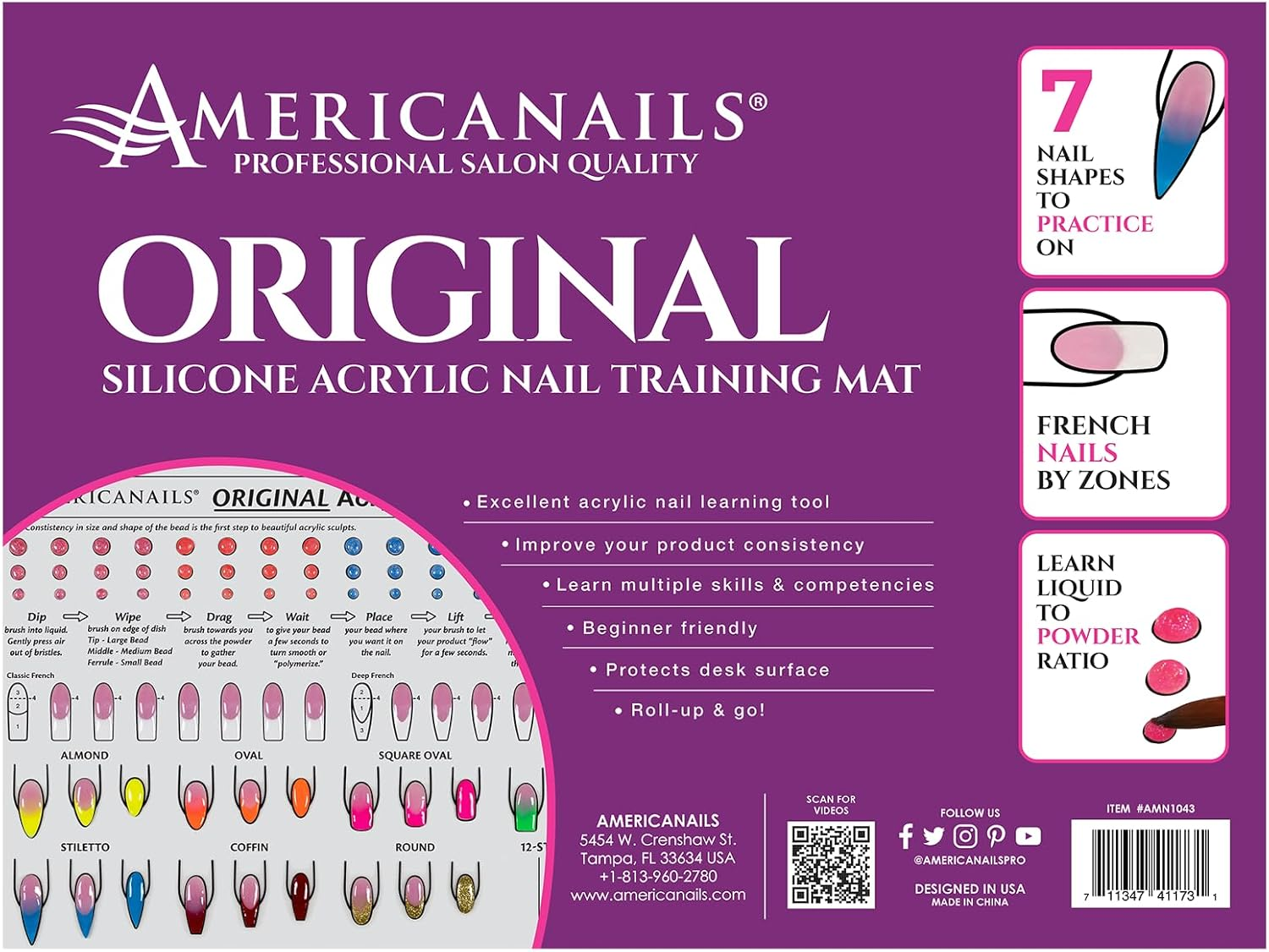 Americanails Acrylic Nail Training Mat - Silicone Trainer Sheet for Application Practice, Flexible Roll up Pad Template for Fingernails, Learn How to Apply Acrylic Nails