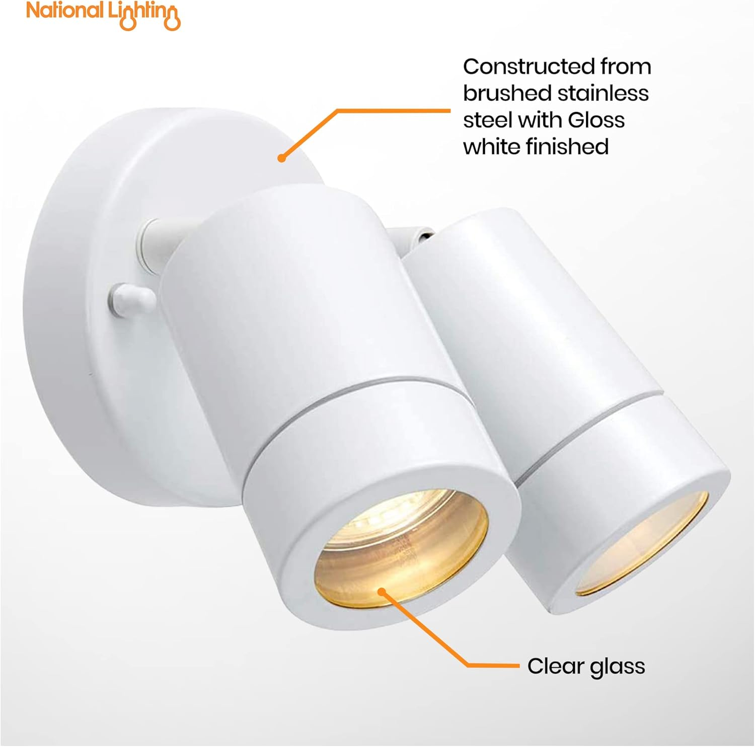 National Lighting IP44 Rated Outdoor Twin Spotlights, Gloss White Steel Adjustable Tilt outside Lights, Mains Powered Security Spot Lights, 2X 7W 240V LED GU10 (Not Included)