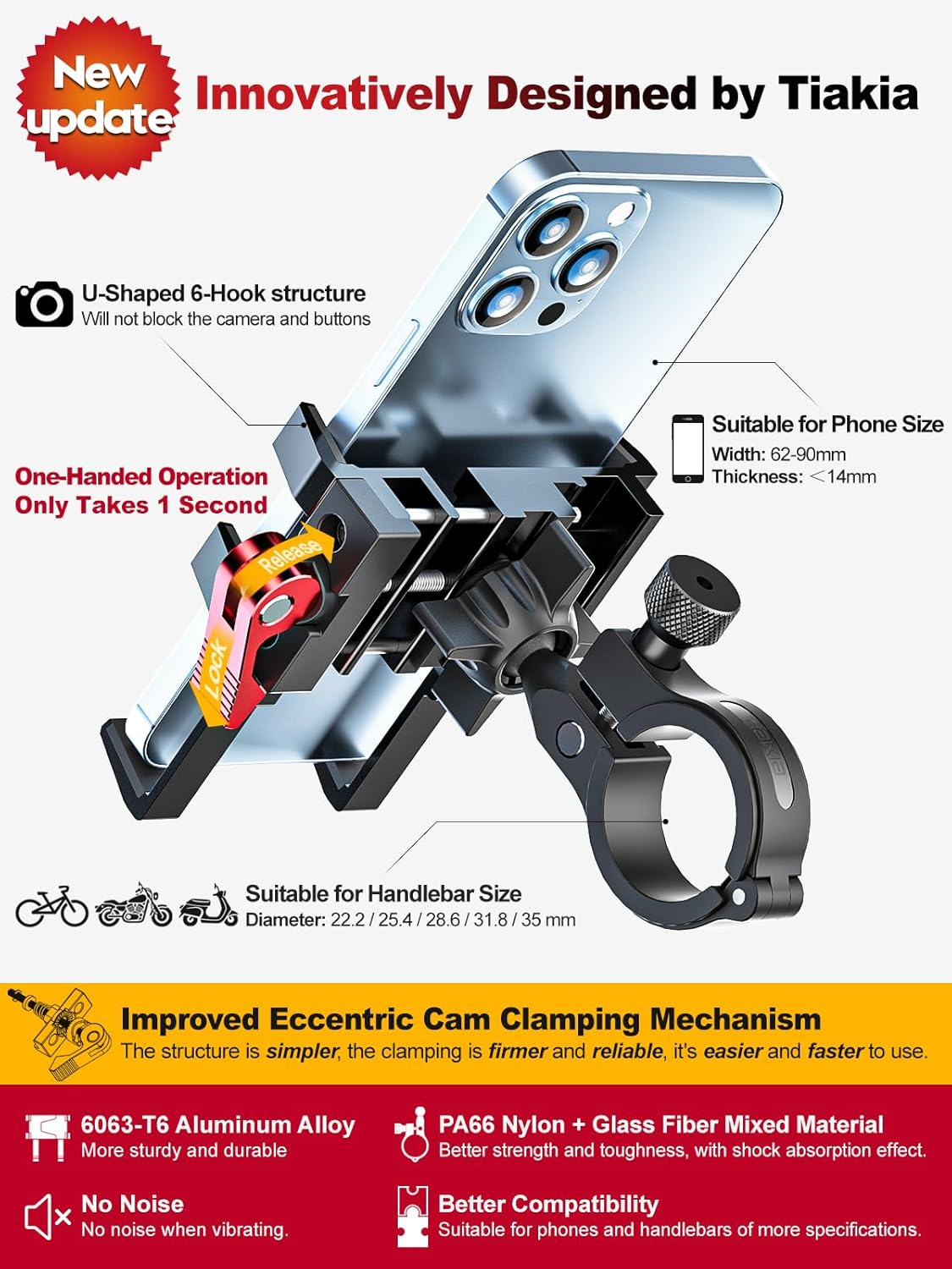 Tiakia Bike Phone Holder, Motorcycle Phone Mount, Bicycle 360&deg; Rotation Aluminum Golf Buggy Handlebar Clamp Holder for Bike, Camera Friendly One Hand Operation Cell Phone Holder for 4.5-7 Inch Phone - Black Red image number 3