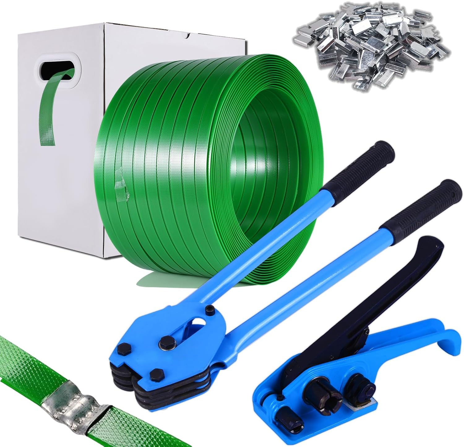 Packaging Strapping Kit, Banding Strapping Kit, Pallet Strapping Tool with 16MM Wide X 300M Length X 0.9MM Thickness Polyester Strapping Coil Roll, 60 Metal Buckles and Dispense Box