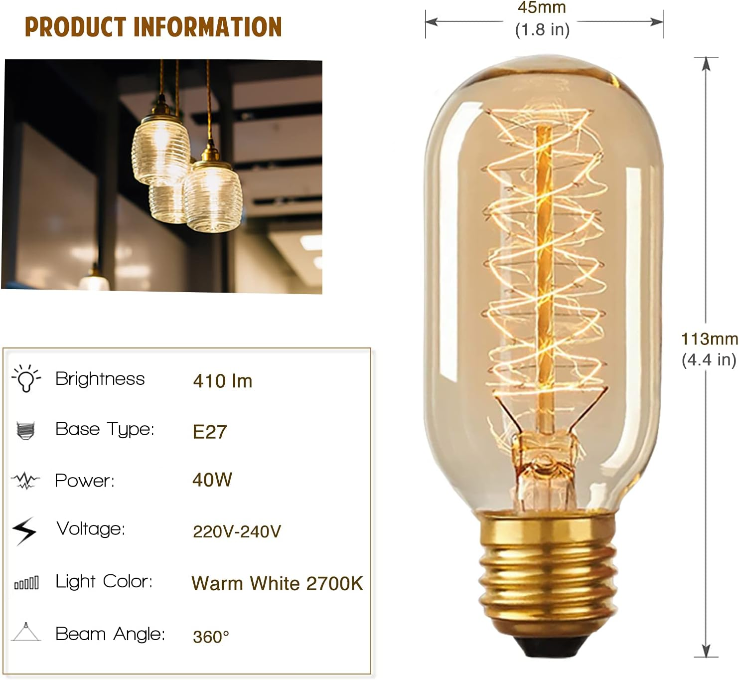 B4U E27 Vintage Edison Light Bulb 40W, 4 Pack Dimmable Decorative Filament Tube T45 Bulbs, 2700K, 230V