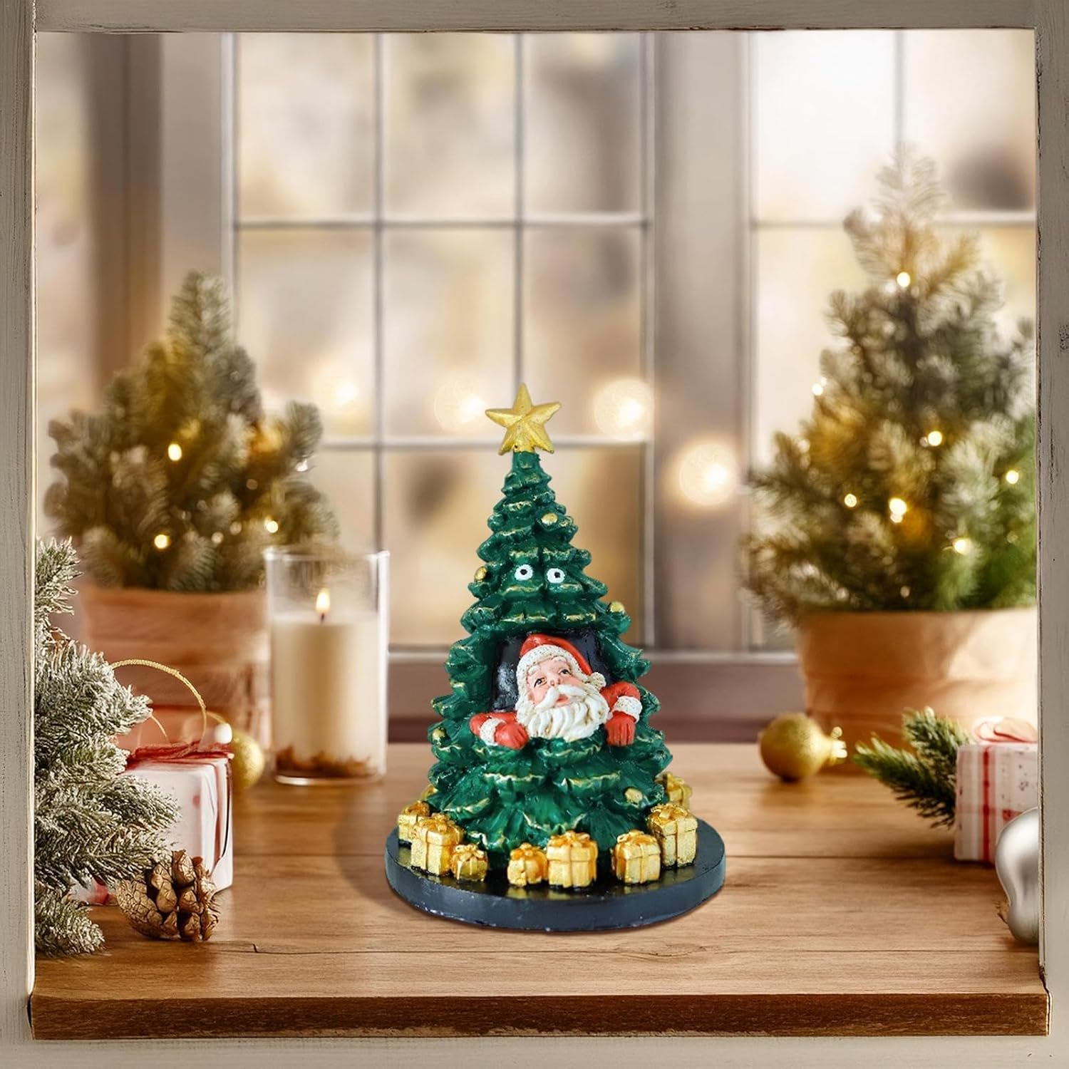 Desktop Christmas Tree - Desk Christmas Tree Santa Decor - Miniature Christmas Resin Decorations, Small Christmas Tree and Santa Ornament for Tabletop