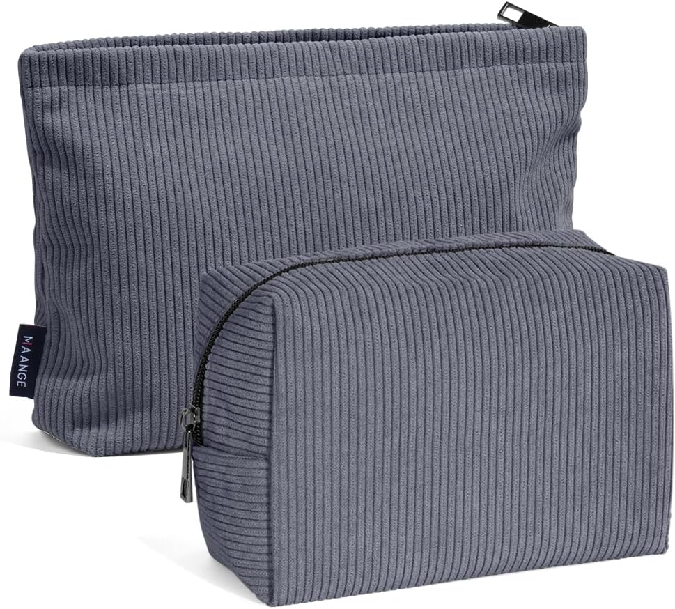 MAANGE 2 Pcs Cosmetic Bag, Travel Makeup Bag Makeup Pouch Corduroy Portable Versatile Zipper Pouch for Women (Grey image number 3