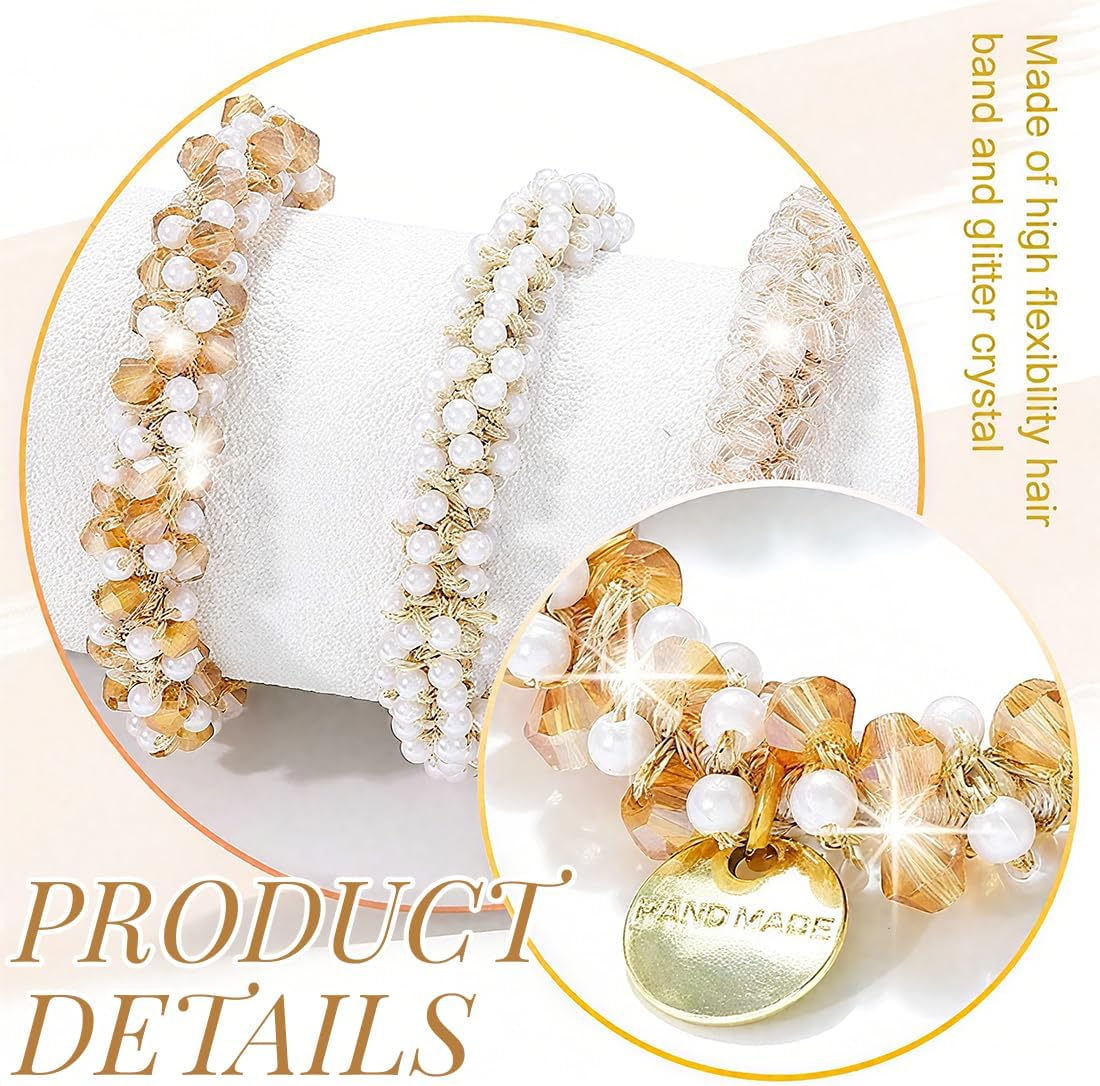 KIRZAX 3 Pieces Hair Accessories Scrunchies Crystal Women'S Hair Bobbles with Beads, Ponytail Hair Accessory, Scrunchies Pearls Rhinestones, Elastic Hair Scrunchies for Women and Women