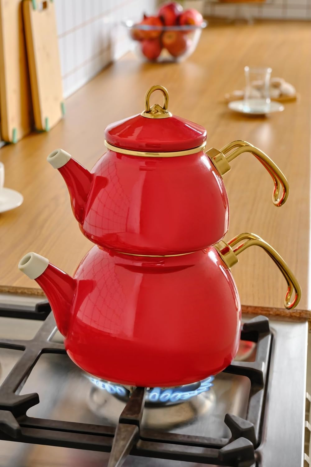 Karaca Retro Enamel Teapot Set, Red, Suitable for Induction, Tea Maker, Kettle, Tea Infusion 1.1 L, Water Jug 2.3 L, Turkish Tea Kettle, Tea Maker, Caydanlik image number 2