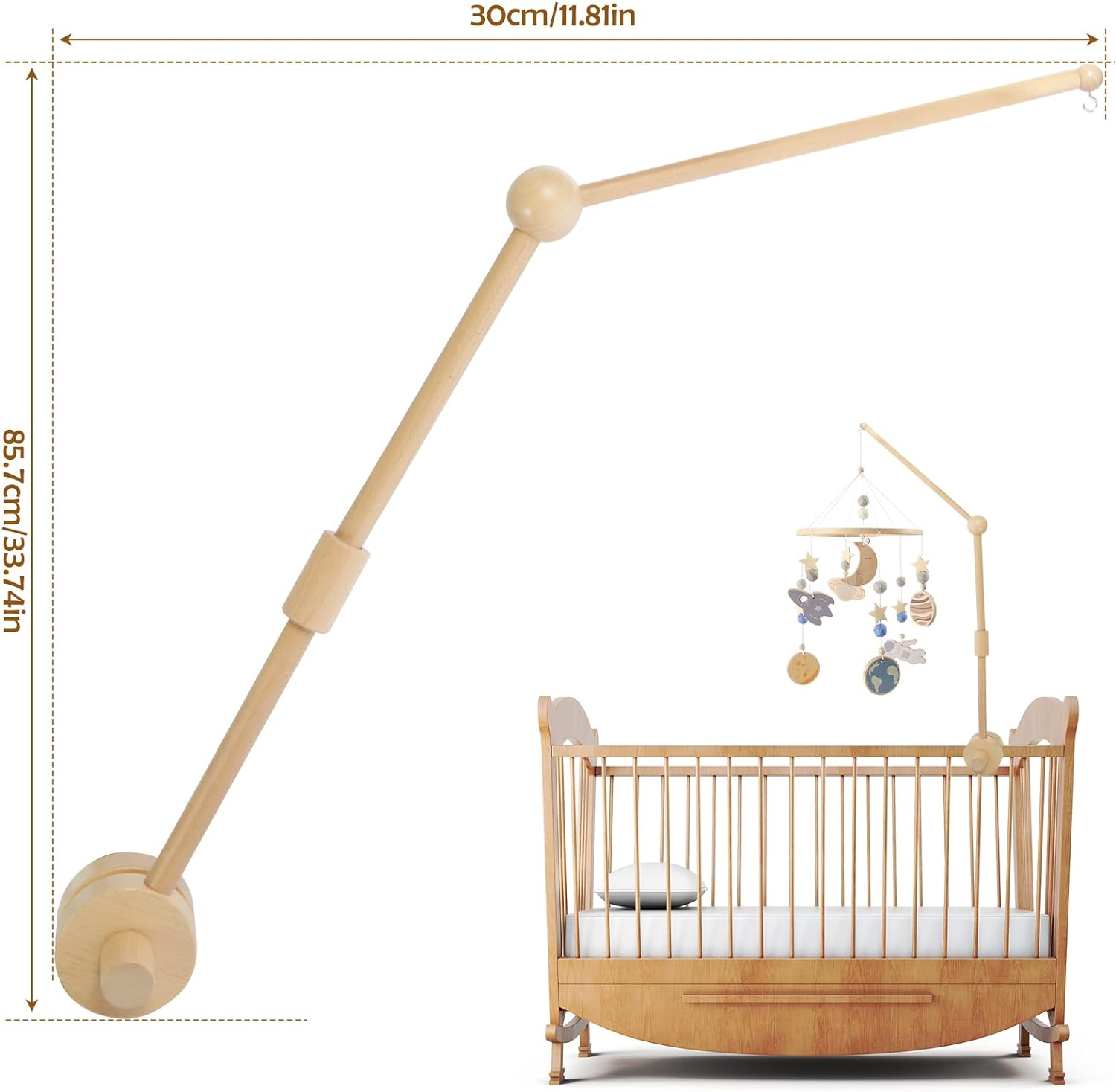 33.7Inch Baby Crib Mobile Arm Wooden Crib Mobile Holder Non-Skid Crib Mobile Bed Bell Holder Arm Nursery Mobile Hanger DIY Baby Crib Mobile Holder for Crib Nursery Decor Infant Toy