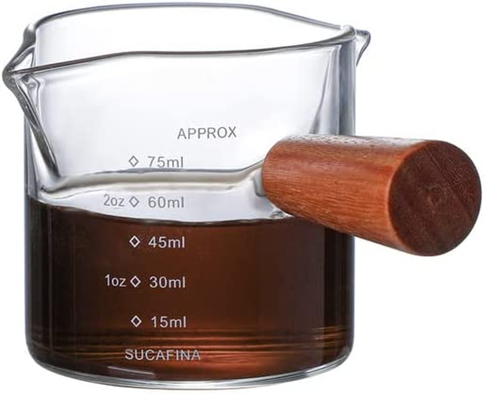 NEOUZA Espresso Cups with Wood Handle, Clear Glass, Double Spout Measuring Cup with Dual Scale, V-Shaped Spout Shot Glass, 3.4Oz/100Ml image number 5