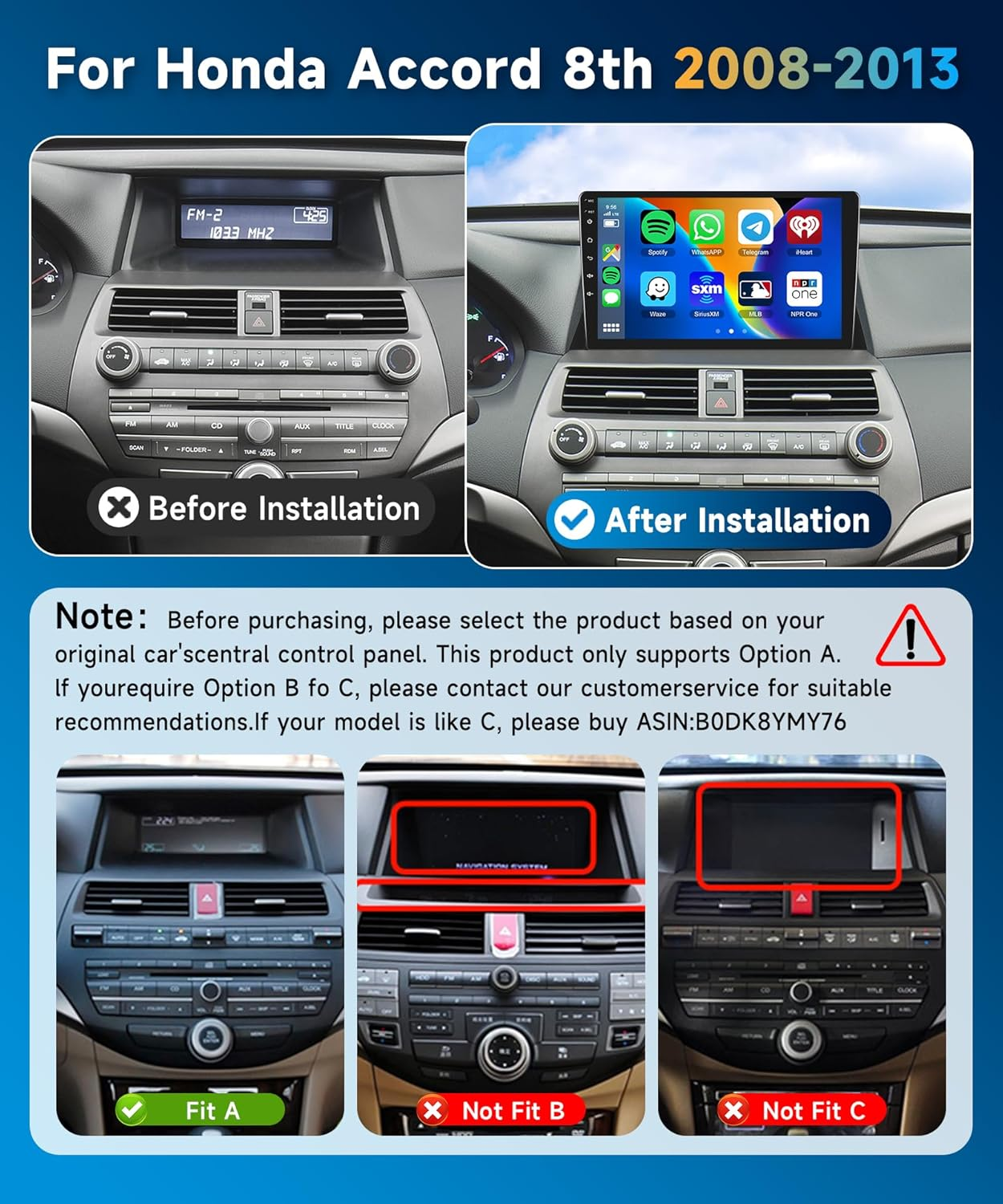 2+64G for Honda Accord 8Th 2008-2013 Android13 Car Radio Car Stereo Wireless Carplay Android Auto, 10 Inch Capacitive Touch Screen EQ GPS Navigation Bluetooth Wifi FM Backup Camera Siri SWC image number 4