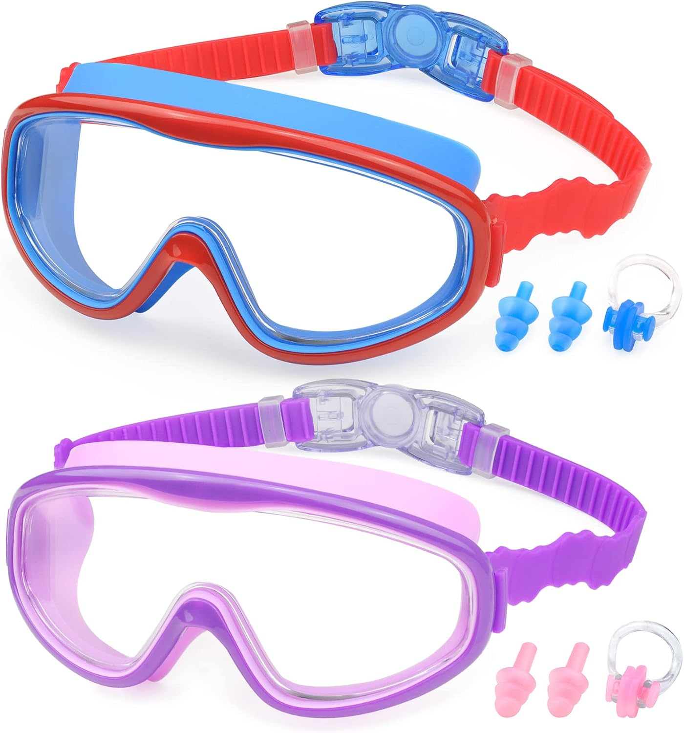 KAILIMENG Kids Swim Goggles, No Leak, Anti-Fog, UV Protection, Adjustable and Comfortable Swimming Glasses for Children and Early Teens, Crystal Clear Siamese Lens with Nose Clips and Earplugs
