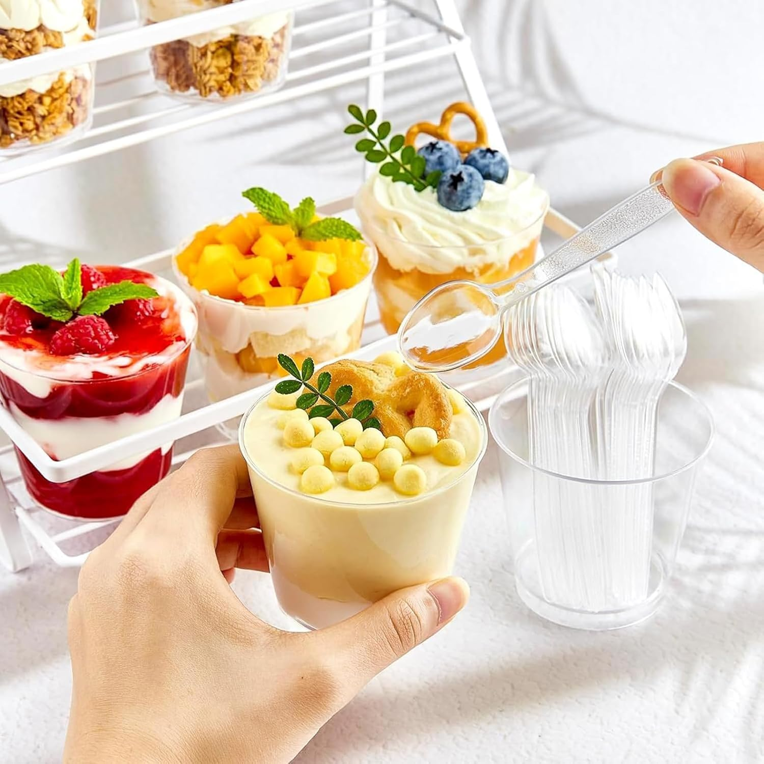 60 Pcs Clear Plastic Dessert Cups with Spoons, 200Ml/7Oz ＆150Ml/5Oz Small Reusable Plastic Dessert Cups for Party, Birthday, Appetizer, Puddings, Mousse, Yogurt & Ice Cream image number 3
