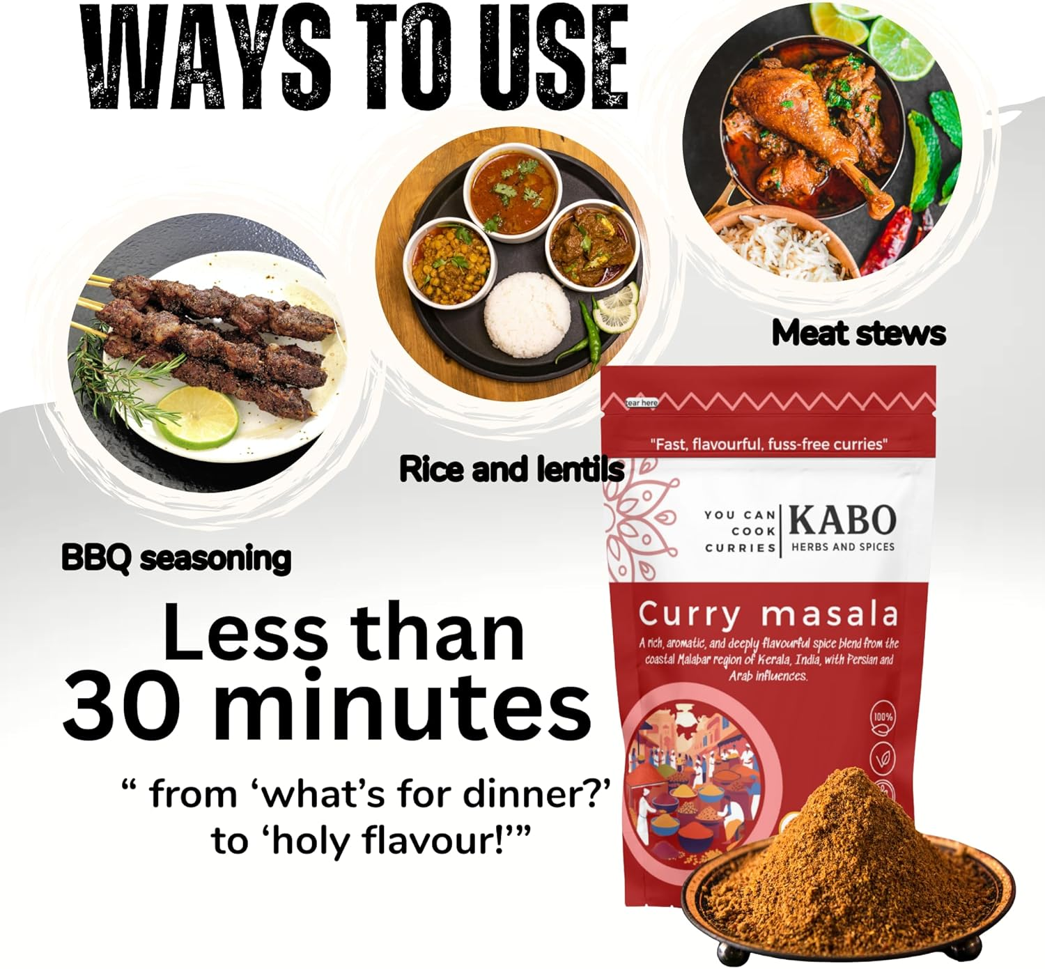 KABO Curry Masala 100G (3.52Oz) &ndash; Authentic Indian Spice Blend Complete Mix, No Onion or Tomato Prep Needed for Meats, Vegetables, Paneer, Lentils & Egg Medium Heat, 100% Natural, Vegan, No Additives, Ziplock Pouch image number 1