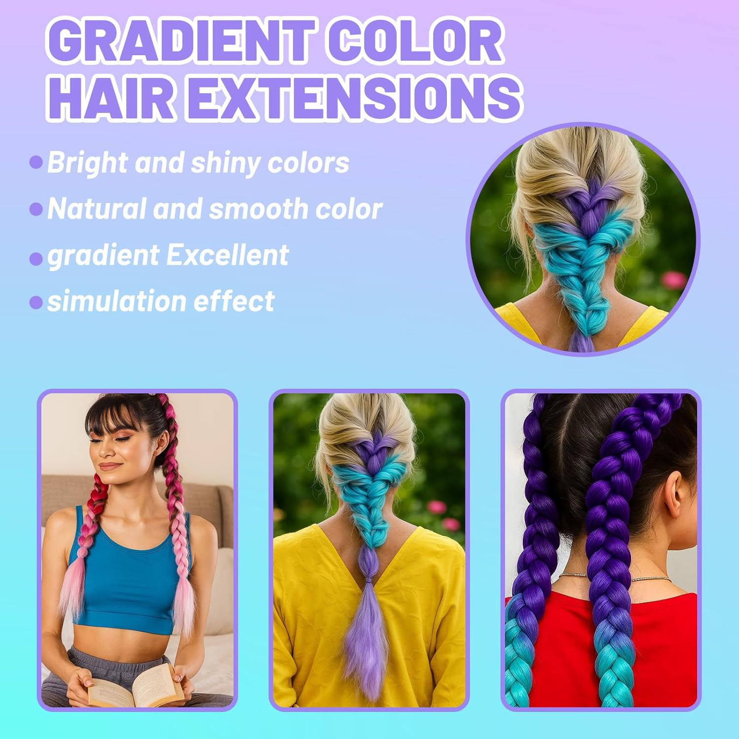 4 X Synthetic Hair for Braiding 70 Cm - Hair Strands for Braiding with Hair Ties, Braided Braid Extensions in Blue/Purple & Pink-Red, High-Quality Braids for Children, Party, Carnival and Holiday