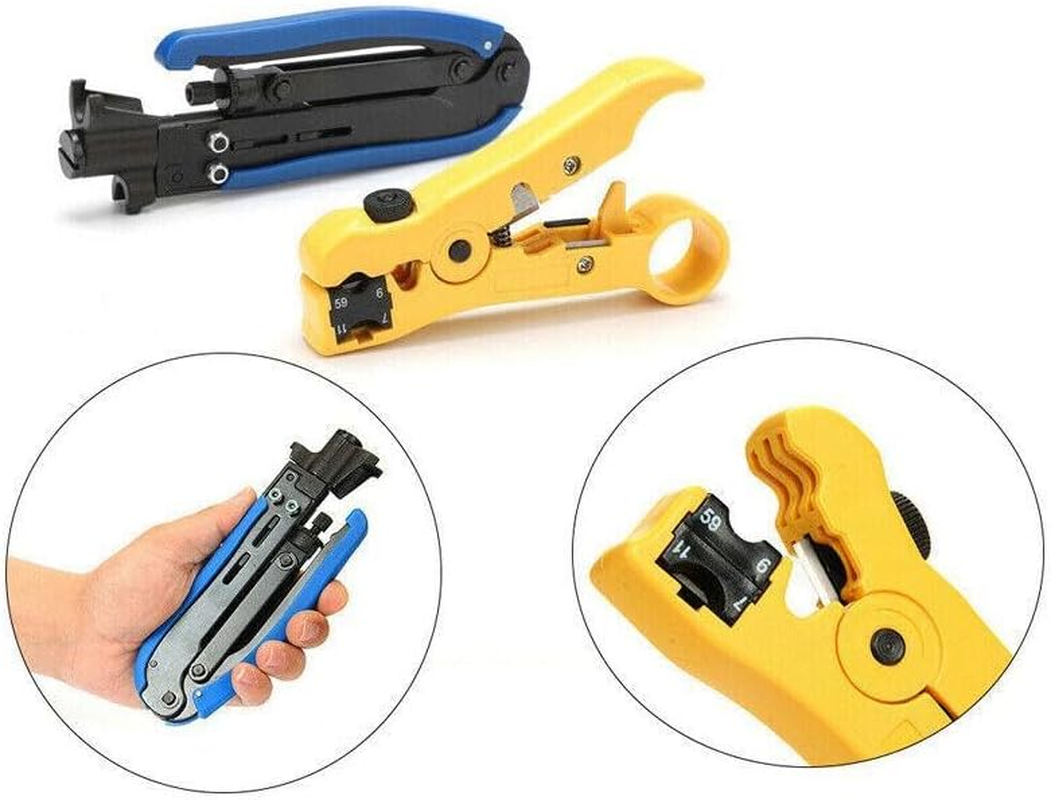 AIMALL 2PCS RG6 RG11 RG59 F Type Compression Coax Coaxial Cable Crimper Stripper Tool Kit, Adjustable Blade Depth, with Rotating Compass for Cable Insulation, Blue and Yellow image number 1