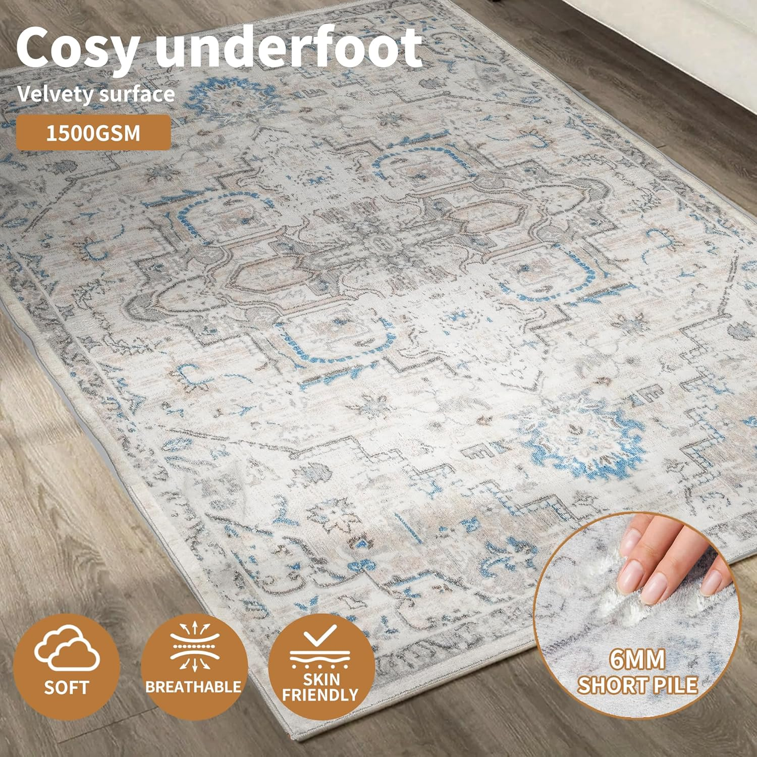 MARLOW Anti-Slip Floor Rugs, 160X120Cm Skin Friendly Shaggy Area Rugs, Soft Large Home Decor Carpet Indoor Outdoor - Versatile for Bedroom,Dining Room,Living Room(Vintage Grey-Blue)