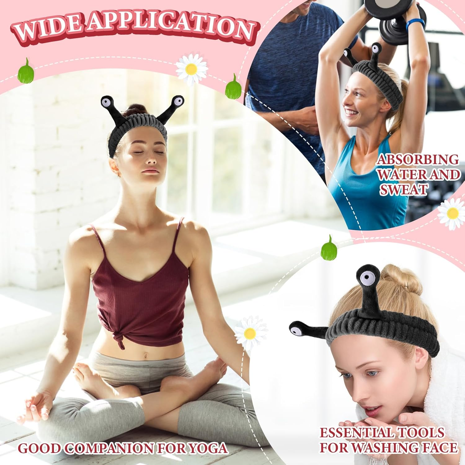 WLLHYF Spa Headband Facial Makeup Head Band Microfiber Soft Coral Fleece Head Wraps Snail Cartoon Cute Hair Accessories Elastic Skincare Hair Band for Women Girls Washing Face Beauty (Black) - Green image number 6