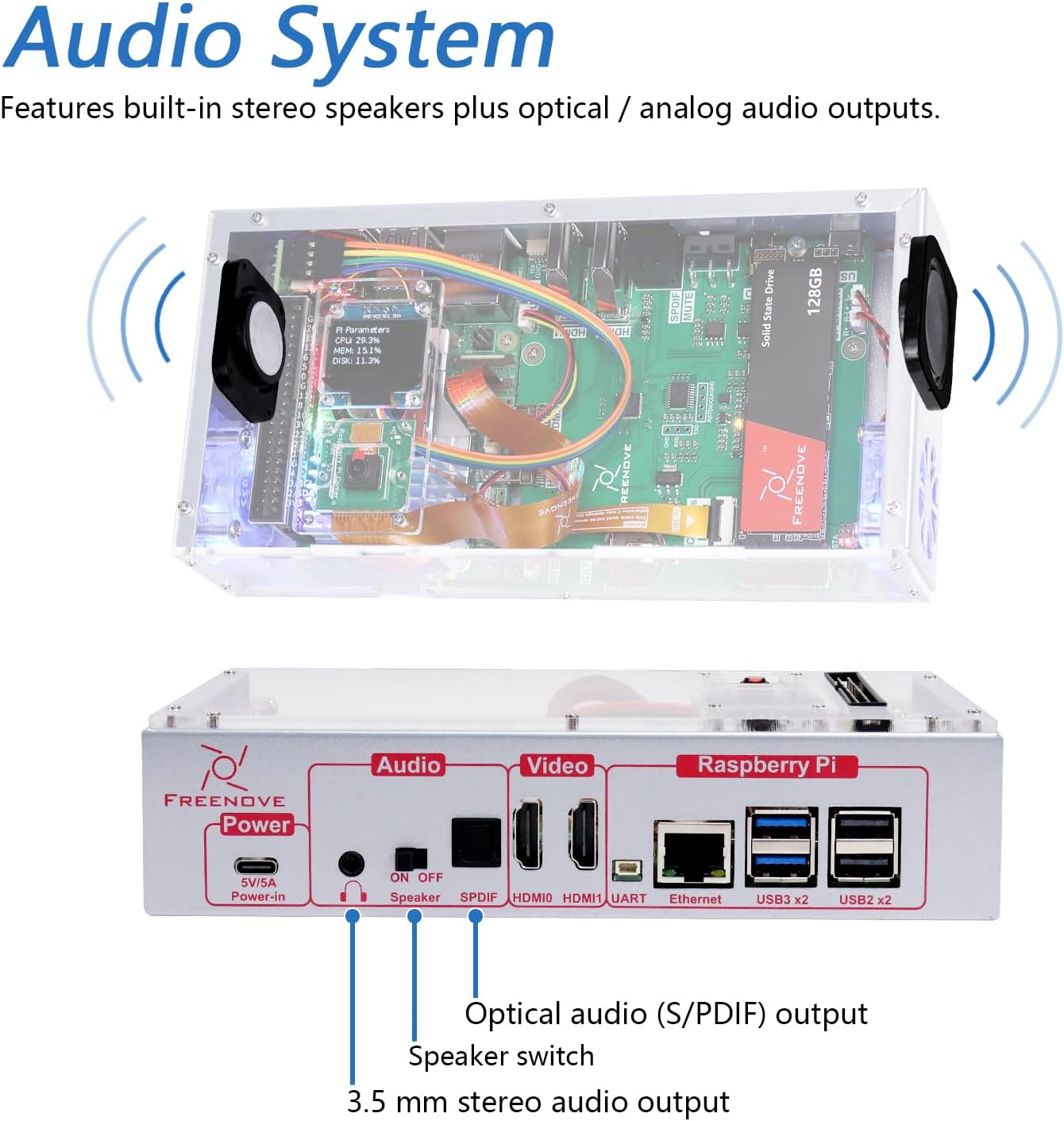 Freenove Computer Case Kit for Raspberry Pi 5 (NOT Included), 128GB M.2 Nvme SSD 800 Mb/S, 5 MP Camera, 0.96 Inch OLED Screen, Built-In Stereo Speakers, 3.5 Mm and Optical Audio (S/PDIF) image number 2