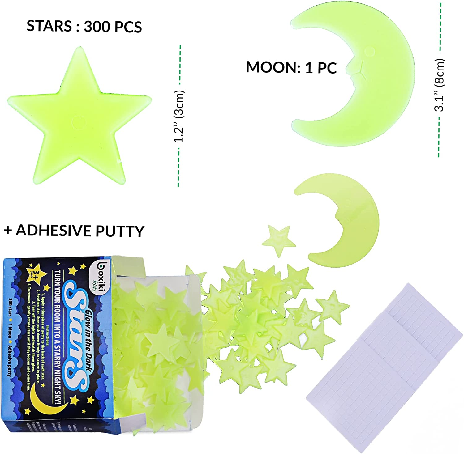 Pack of 300 Glowing Stars & Moon. Fluorescent Ceiling Stars for Kids. Glow in the Dark Set for Bedrooms and Nurseries by Boxiki Kids image number 1