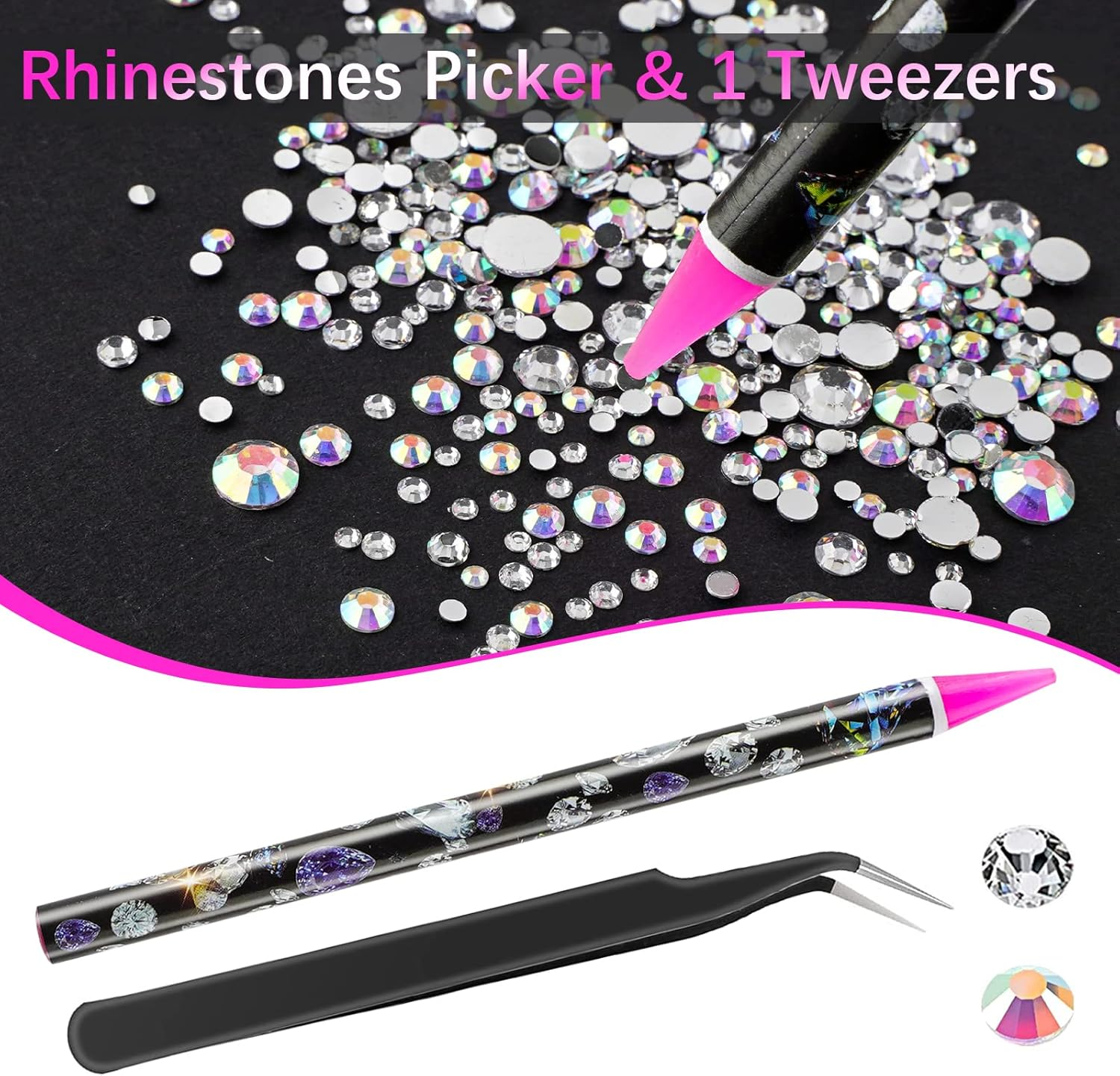 Canvalite Rhinestones 1500PCS in 6 Sizes Flat Back Nail Gems, Crystal AB Rhinestones Nail Art Gems with Pick up Tweezers and Rhinestone Picker Dotting Pen, Nail Rhinestones for Nails, Makeup, Clothes, Face, Craft By - 15 Mix Colors image number 7