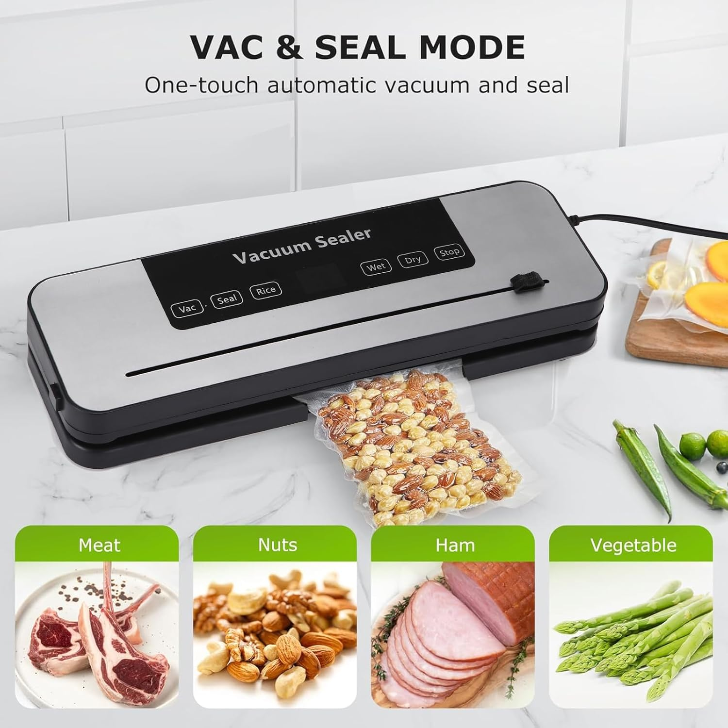 Vacuum Sealer Machine for Food Preservation &ndash; 70Kpa Food Saver Vacuum Sealer with 100 Vacuum Sealer Bags, Dry & Moist Modes, Built-In Cutter, Compact Bag Sealer for Kitchen (Silver) image number 4