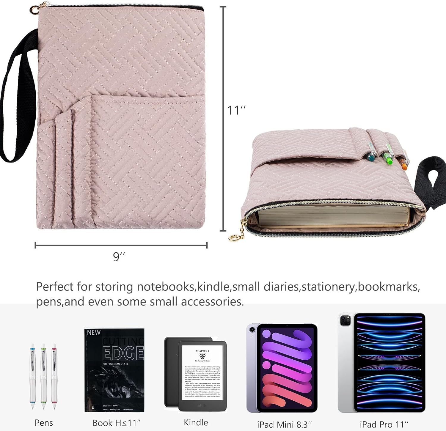 Book Sleeve with Zipper, 11"X9" Padded Book Protector, Washable Quilted Book Covers for Paperbacks, Book Pouch with Pockets for Book Lover Gifts image number 2