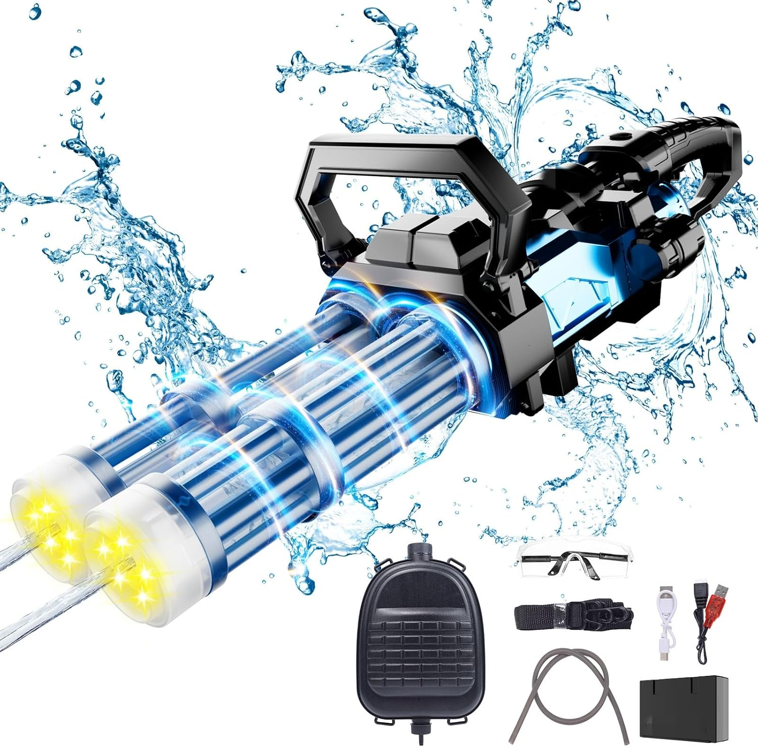 Gatling Electric Water Gun for Adults & Kids, Dual-Barrel, up to 12M, Most Powerful Automatic Squirt Gun with LED Water-Sensor, Large Water Tank & Battery, Outdoor Pool Toy, Summer Toys for Parties image number 2