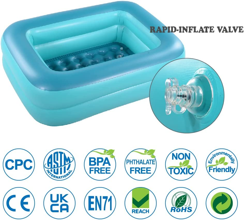 HIWENA Inflatable Kiddie Pool, 45" X 35" X 14" Green Kids Swimming Pool Summer Water Fun Bathtub with Inflatable Soft Floor image number 6