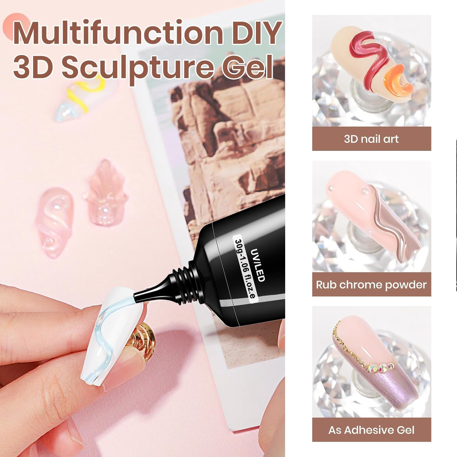 Sculpting Gel 3D Gel Nail Art 3 in 1 Non Wipe 30G Clear Sculpting Glue for Nail Art Hand Modeling Building Carving Nail Extension Sculpture Diamond Jewelry Decoration image number 1
