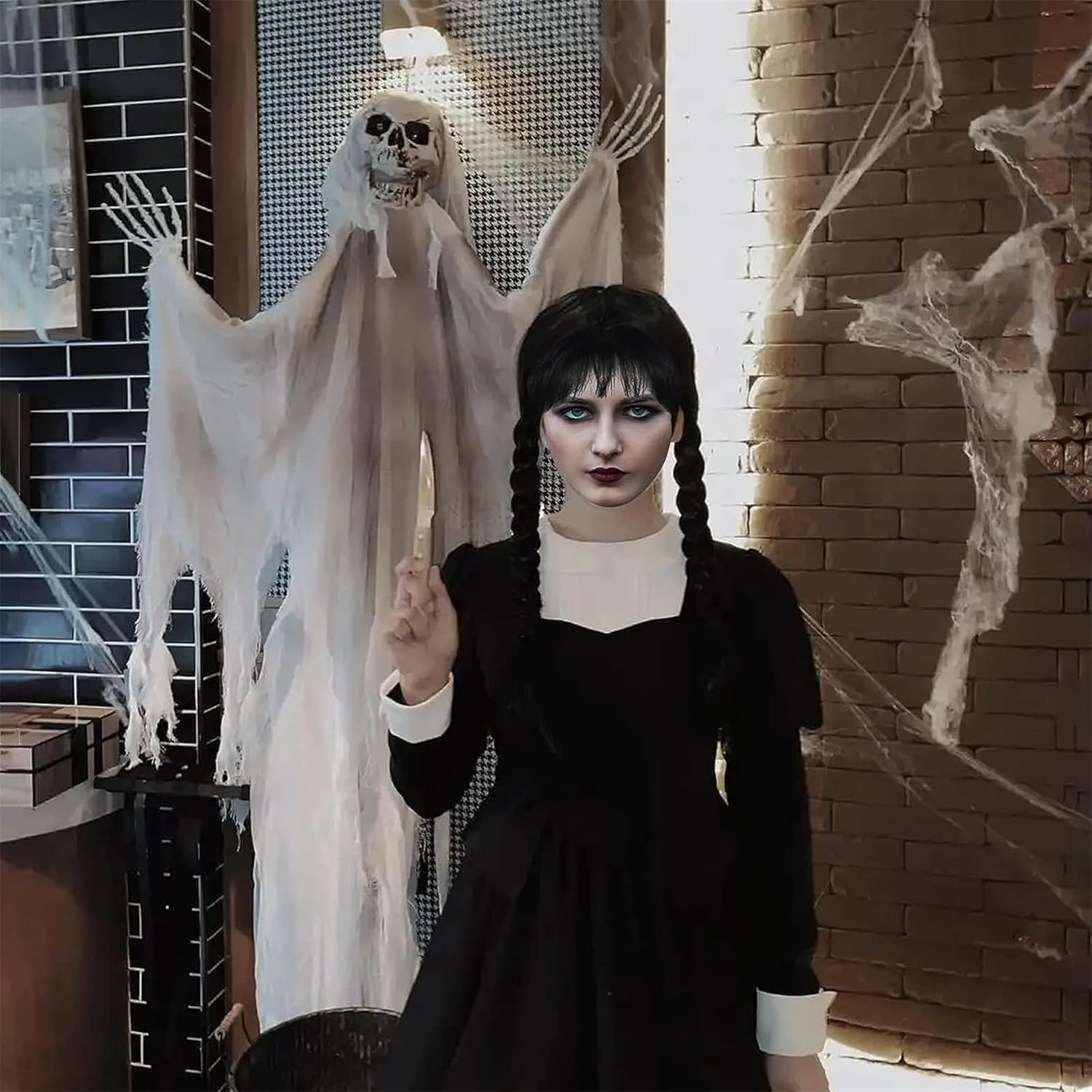 Cosplay Wig, Wednesday Addams 3 Pack Wig with Braid with Wig Cap and Black Lace for Halloween Carnival and Party Fancy Dress Cosplay image number 3