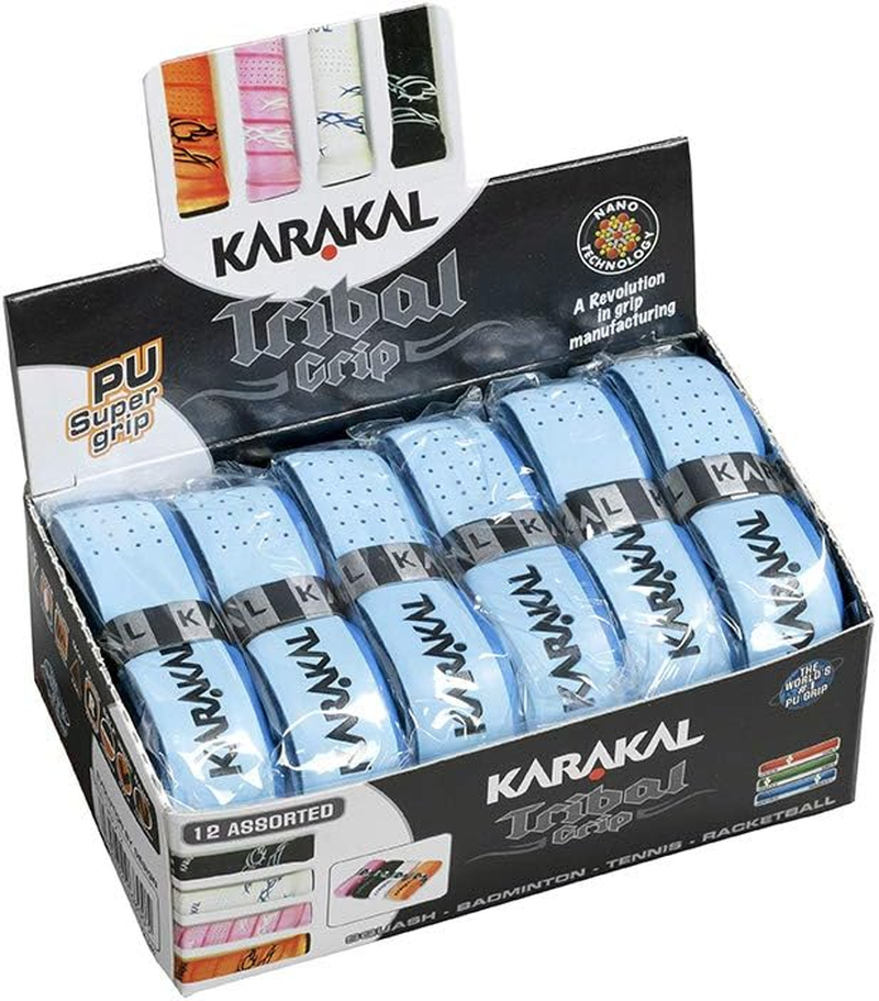 KARAKAL KJ 680S Grip, Compatible with All Racquet Sports, PU Super Grip Tribal 12, Light Blue, 12 Piece Set, Light Blue