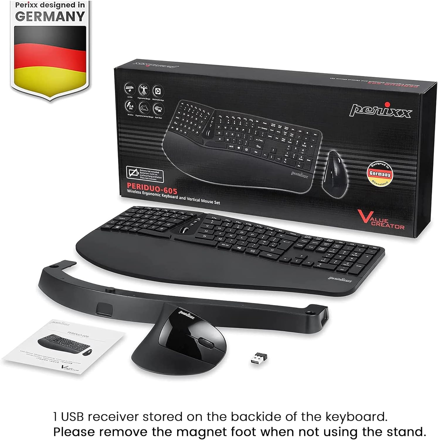 Perixx Periduo-605, Wireless Ergonomic Split Keyboard and Vertical Mouse Combo, Adjustable Palm Rest and Membrane Low Profile Keys, UK QWERTY image number 5