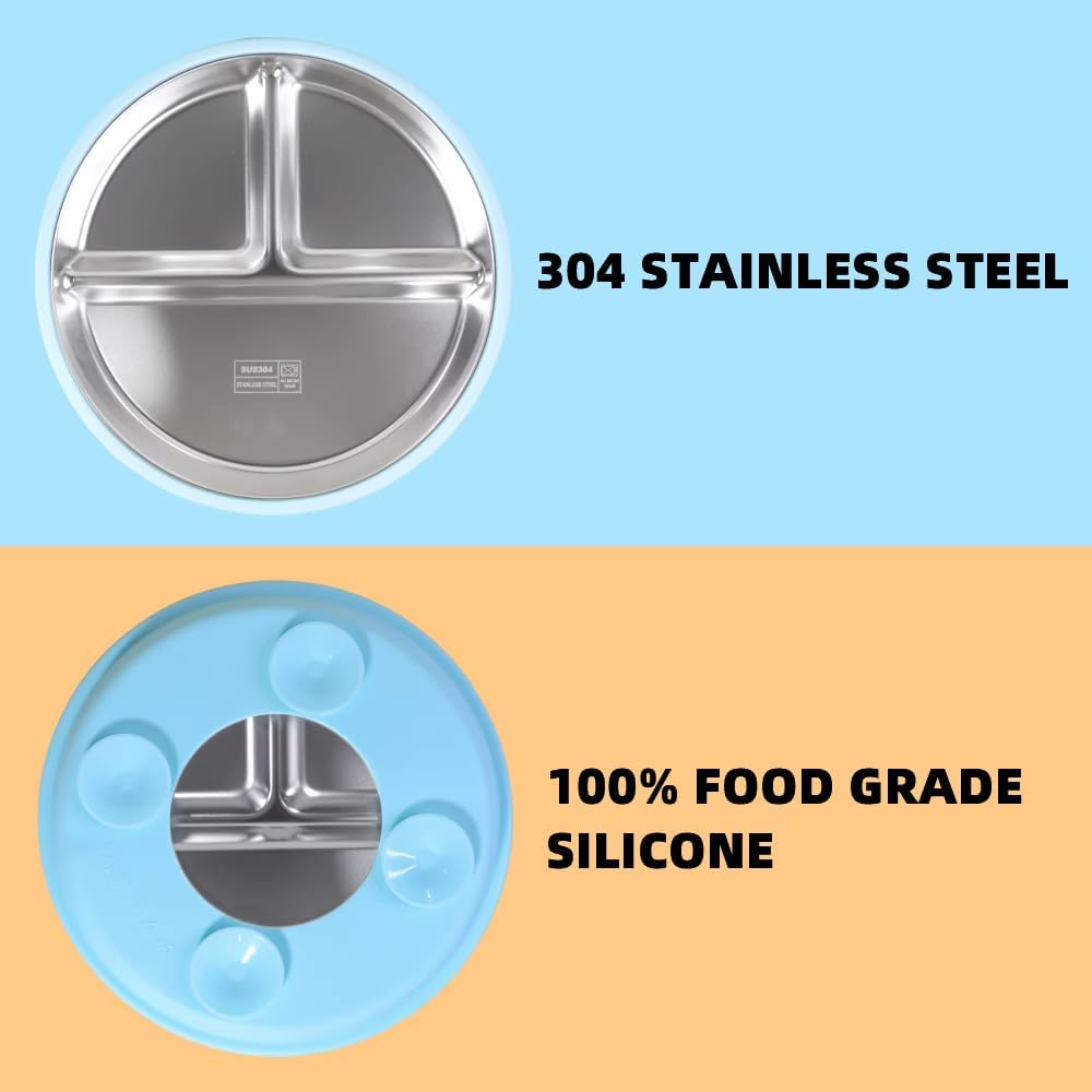 YUGO BABY Stainless Steel Divided Baby Plate with Removable Silicon Sleeve&Suction, Non-Slip Unbreakable Dishwasher Safe Metal Plates for Kids&Toddler Self Feeding Dinnerware (Quartz + Pink + Rose) image number 6
