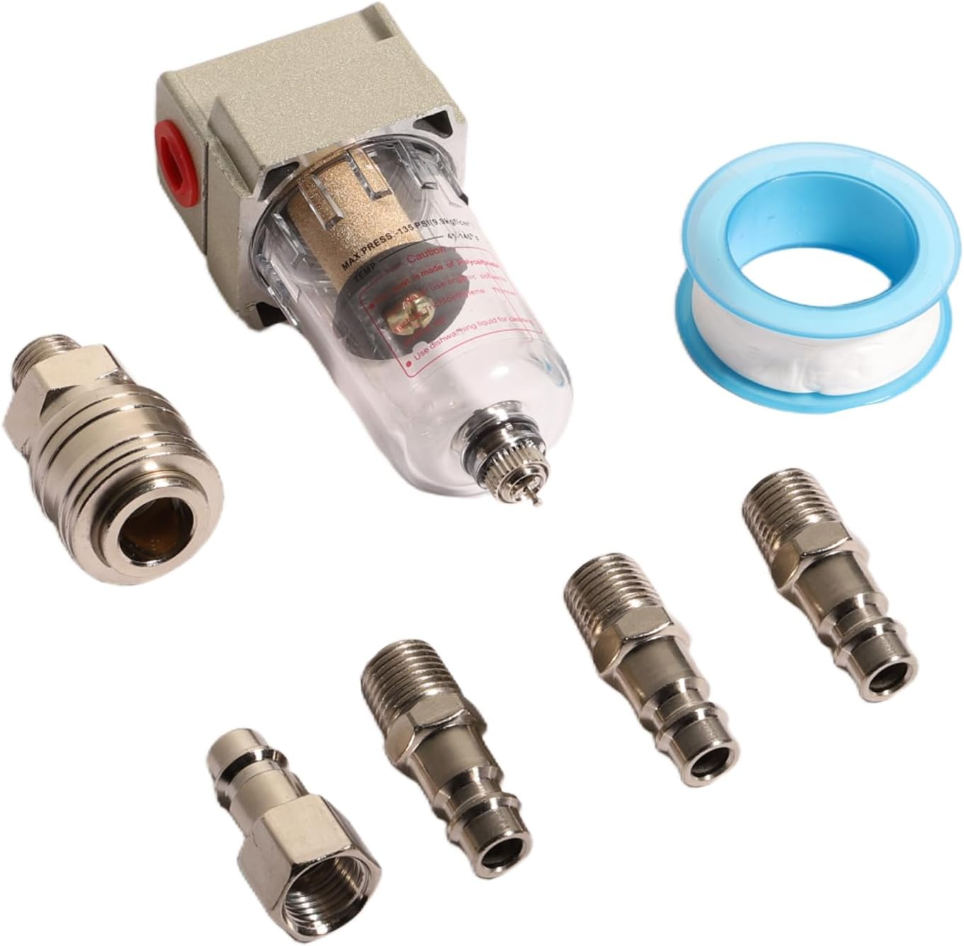 Water Separator for Air Compressor Filter Kit AF200 1/4 Inch with 4 Quick Connectors Teflon Tape for Pneumatic