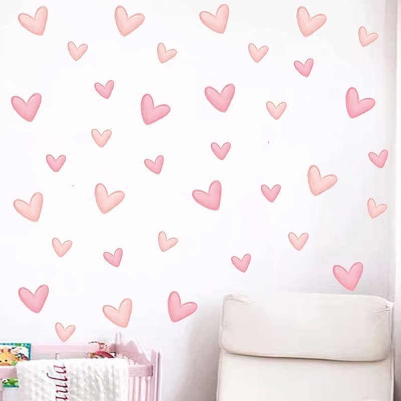 60Pcs Pink Heart Shape Wall Stickers for Bedroom Living Room Girls Room Decoration Kids Room Baby Nursery Room Wall Decals Interior Wallpaper PVC Murals image number 1