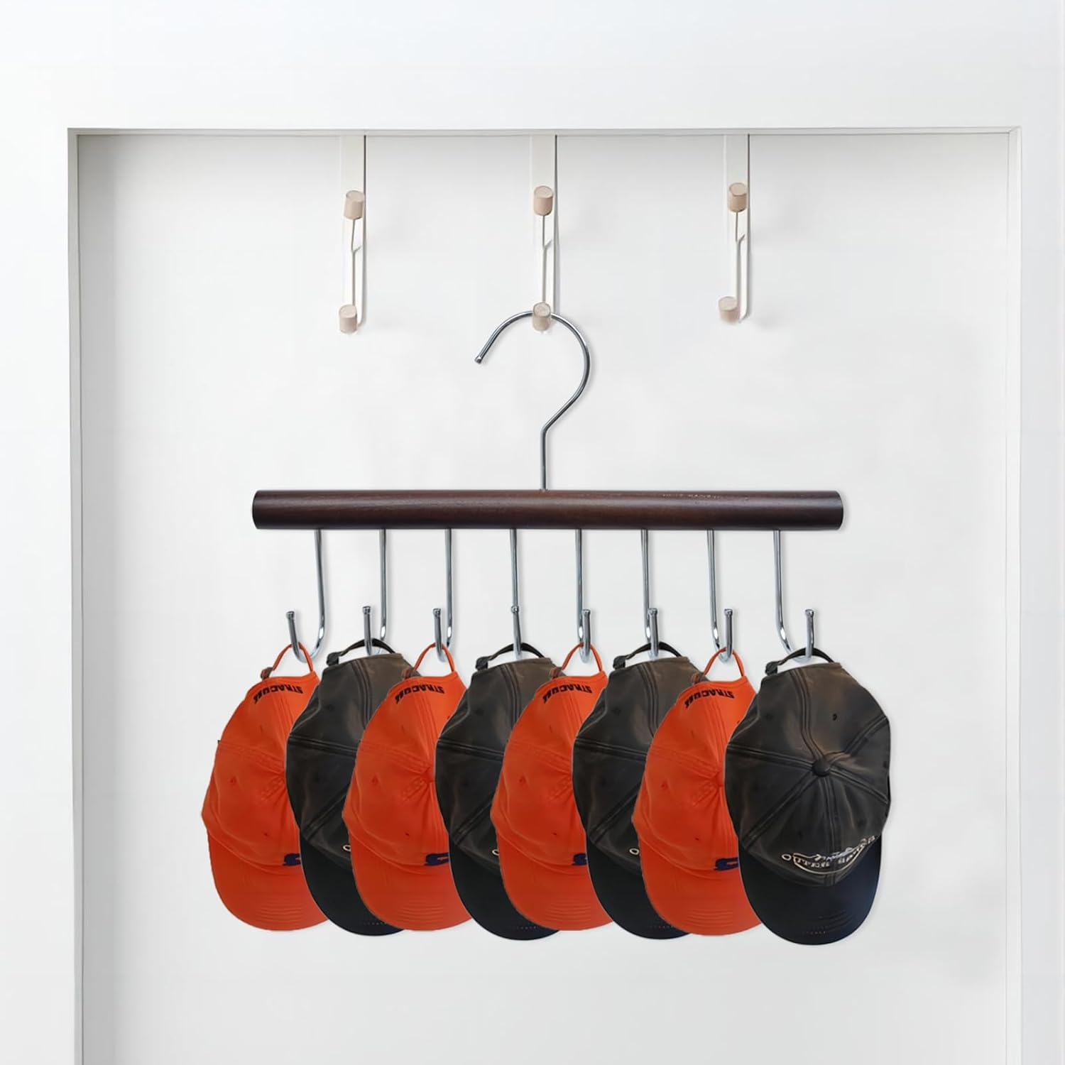 CENZICOM 8 Hooks Belt Hanger for Closet, Wood Tie Rack Hanging Holder 360&deg; Rotating Closet Storage Organizer Space Saving for Tie, Tank Top, Scarf, Necklace (Retro Color) image number 2