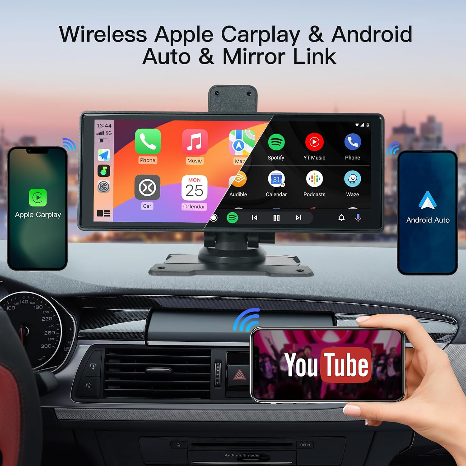 9.3" Portable Wireless Carplay & Android Auto Car Screen - with 4K Dash Cam, 1080P Backup Camera, Support GPS Navigation, Voice Control, Bluetooth, FM/AUX, Mirror Link image number 3