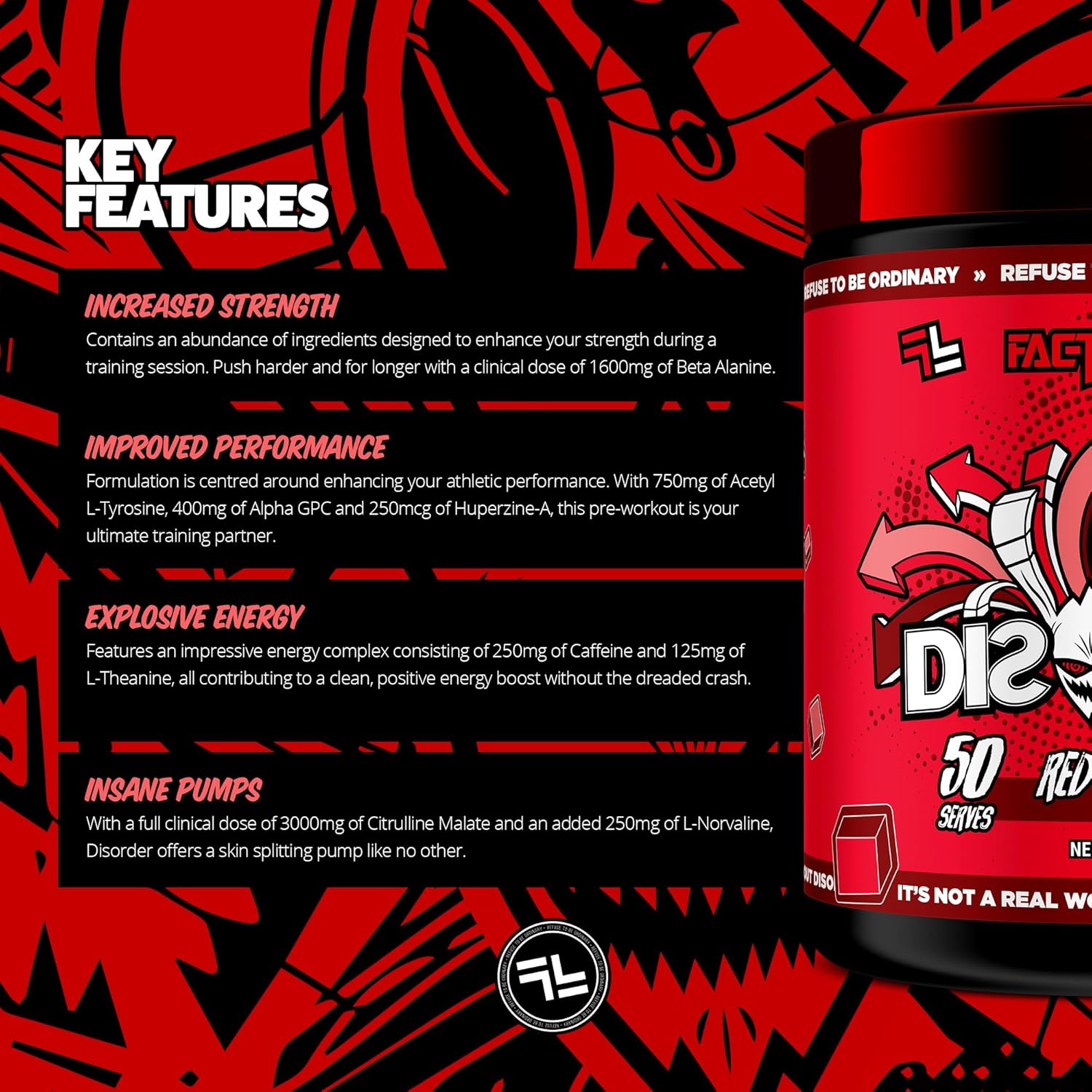 Faction Labs Disorder Original Pre Workout Powder, Red Russian, Sugar Free Caffeinated Gym Supplement, 50 Serves, 450G image number 3