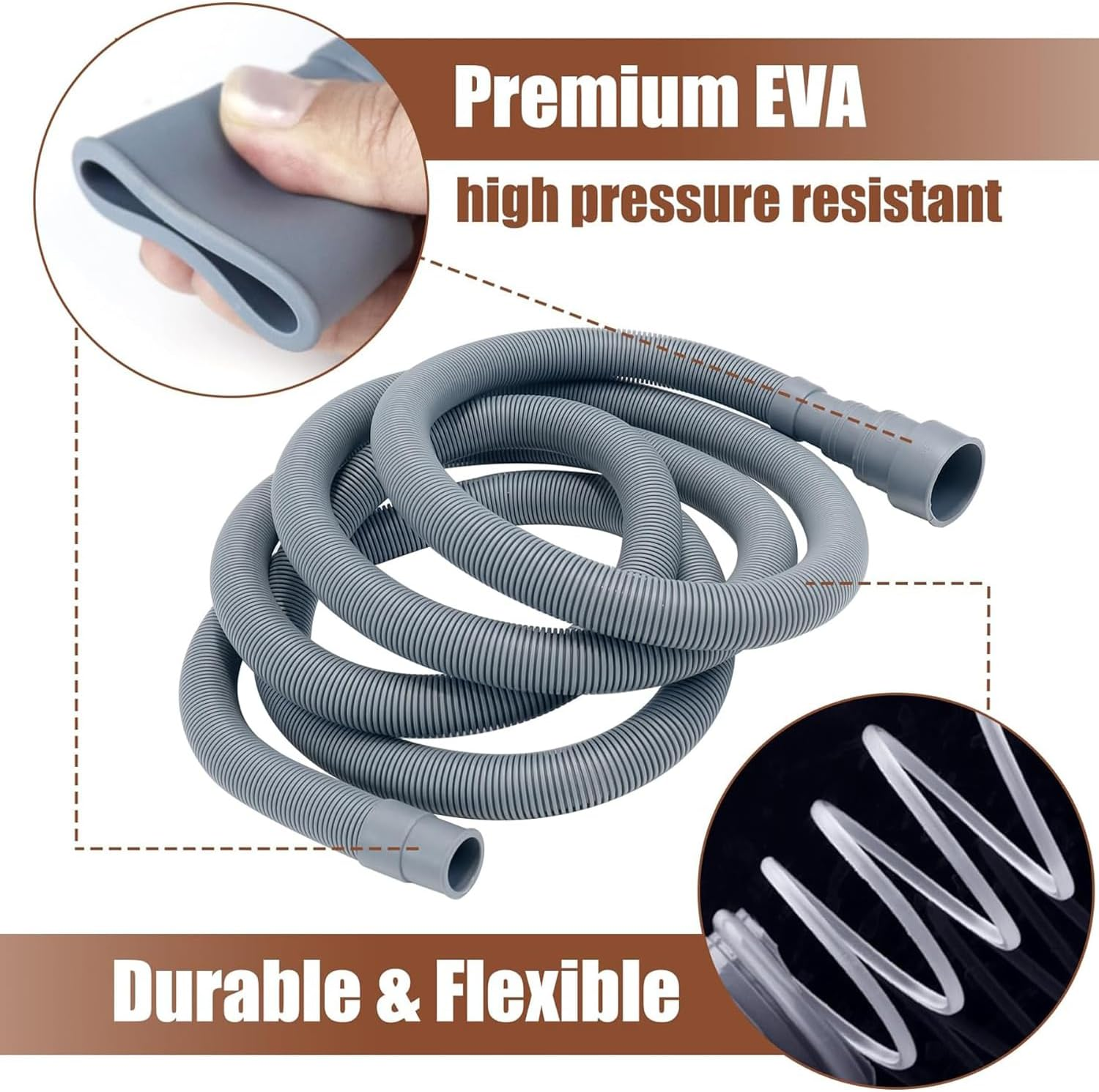 Xinghonyac Washing Machine Drain Hose Extension Kit, 6.56Ft/2M Flexible Dishwasher Drain Hose, Corrugated Washer Discharge Hose with 1 Adapter 1 U-Bend Holder 2 Hose Clamps image number 5