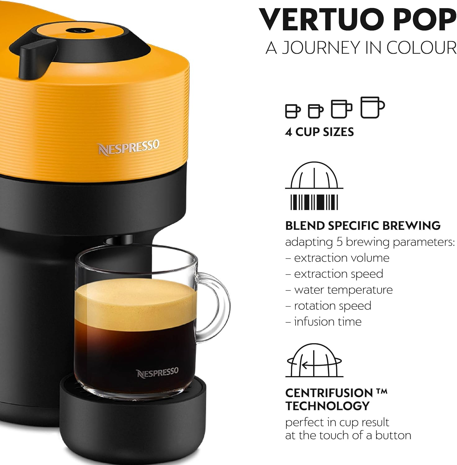 De'Longhi Nespresso Vertuo Pop ENV90.Y, Capsule Coffee Machine, Single-Serve Pod Coffee Machine, 4 Cup Sizes, Nespresso Starter Pack, Centrifusion Technology, Smart Connectivity, Mango Yellow image number 6