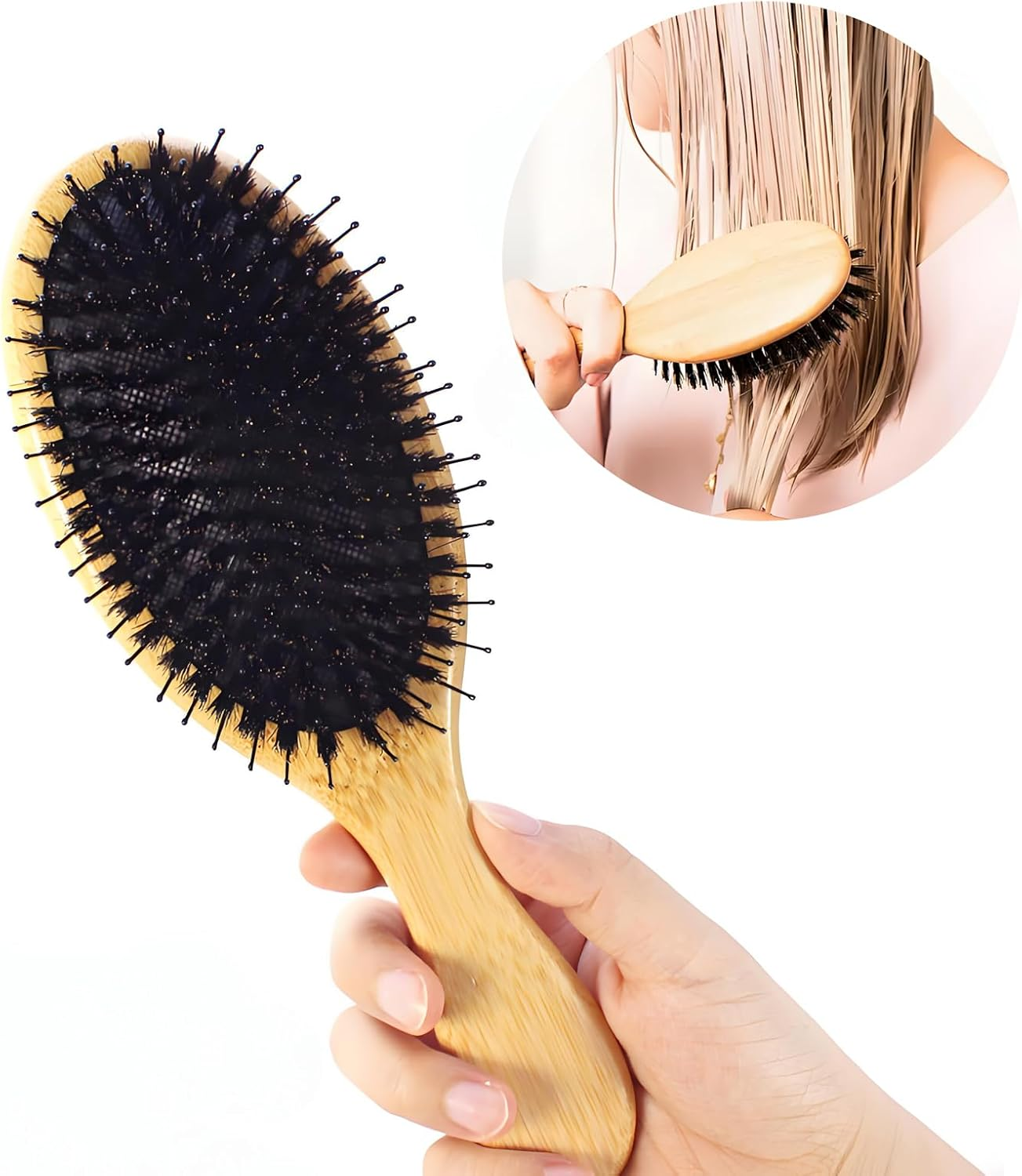 100% Natural Bristle Hair Brush | Eco-Friendly Brush Hair for Women, Men & Kids | Massaging, Detangling Hair Brush for All Hair Types | Enhances Shine,Slick Back Burshes,Bamboo Hair Brush image number 1