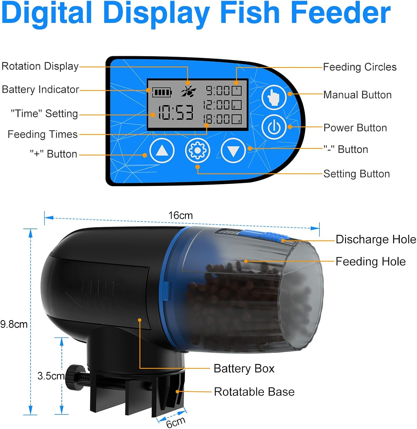 Automatic Fish Feeder, Beedove Fish Feeder with Timer, Moisture-Proof Fish Food Dispenser with LCD Display, Large Capacity Auto Fish Feeder Turtle Feeder for Small Tank, Big Aquariums, Pond (Blue) image number 6