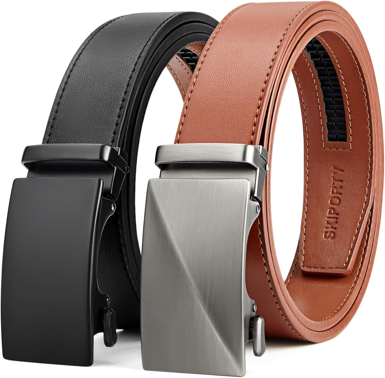 Skiporty Mens Belt 2 Pack Leather Ratchet Dress Belt Double Style in Gift Box for Pants Jeans Comfort Click