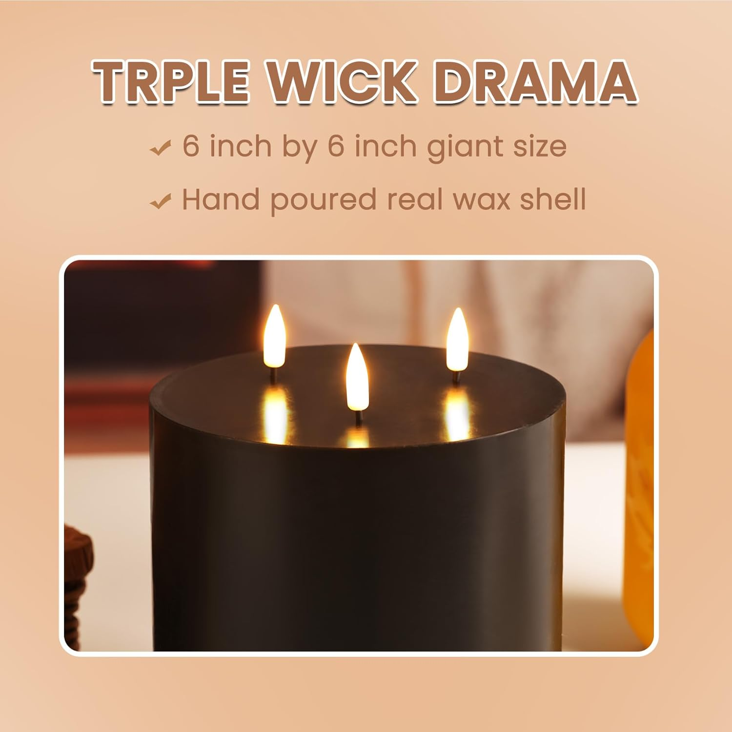 3 Wick Black Flameless Candle with Remote, Large Halloween LED Pillar Candle, Battery Operated Candle 6X6 Inch image number 5