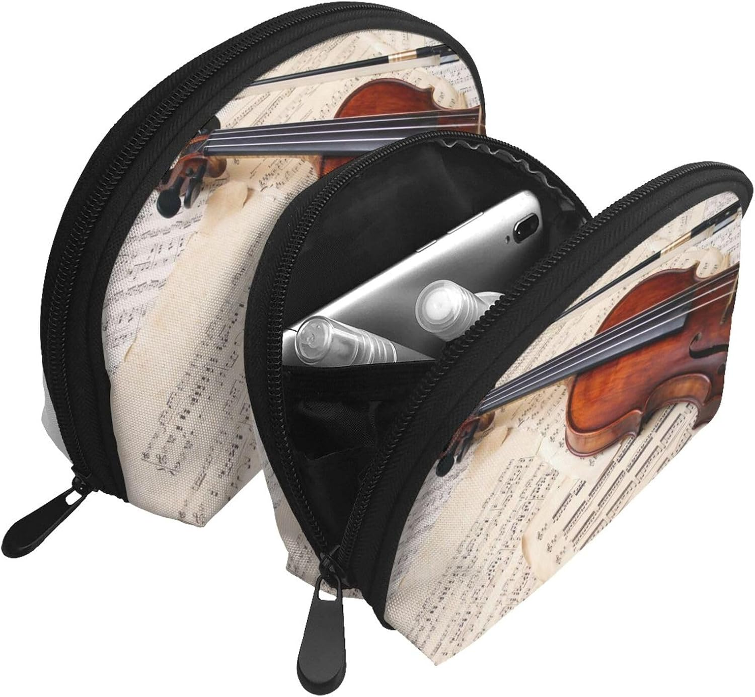 Cozimangoe Coin Pouch Makeup Bags Set, 2 Piece Shell Shape Cosmetic Bag with Pockets for Daily Travel Handbag Lipstick Keys Toiletry, Personalized Violin