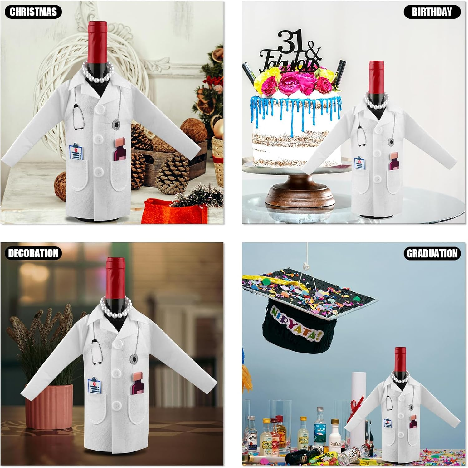 White Coat Wine Bag, Felt Nurse White Jacket Wine Bottle Cover with Syringe Chain Thermometer Funny Wine Packing Clothing Cover Nurse Practice Gifts for Men Women Graduation, Bronze image number 3