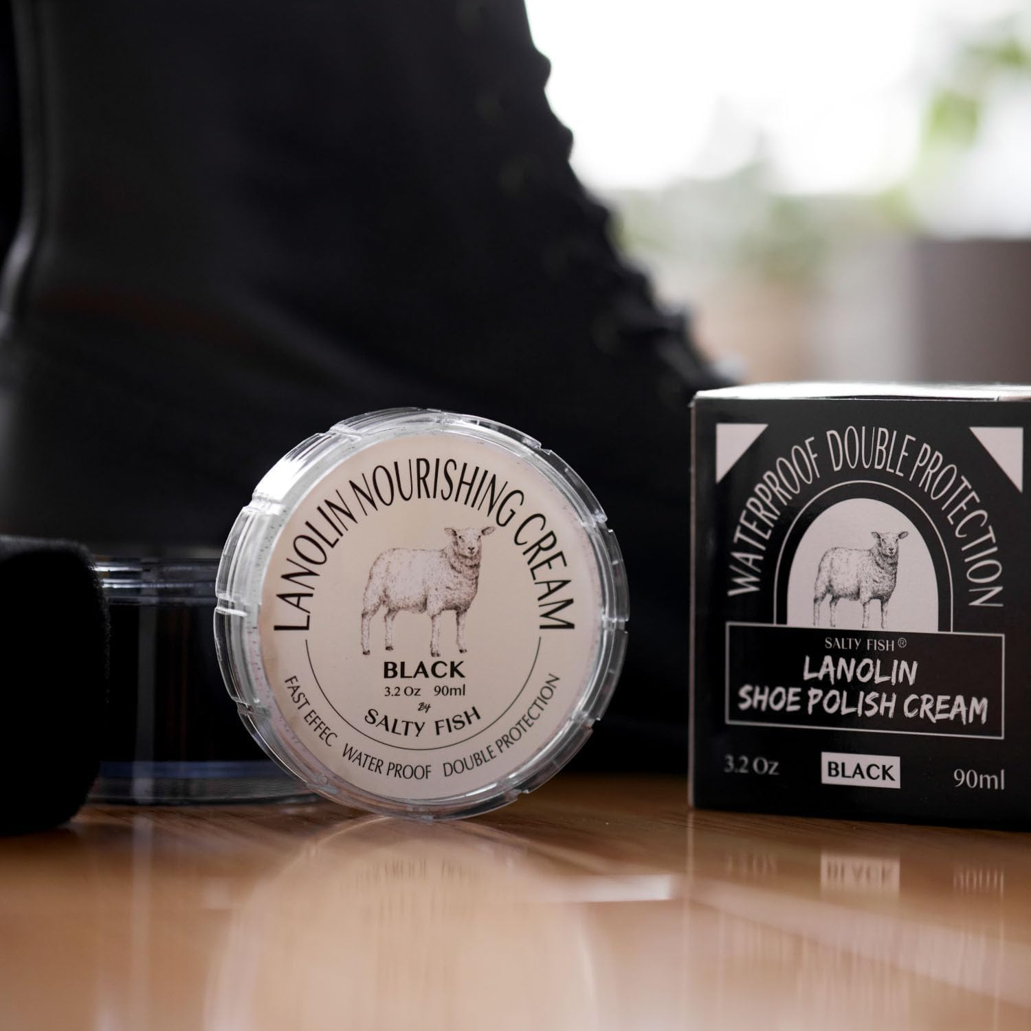 Salty Fish Lanolin Shoe Polish Cream 3.2Oz, Intensive Leather Care and Nourishing, Waterproof Double Protection, Black image number 1