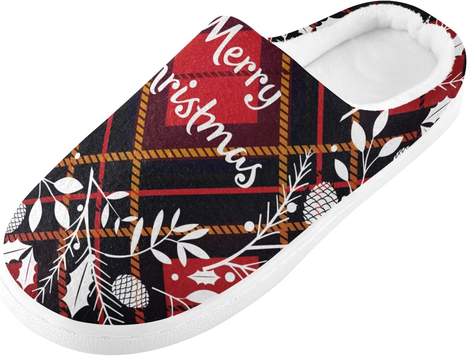 Caihoyu Memory Foam Slippers for Womens Mens Warm Plush Non-Slip Comfy Slippers Bedroom Home Office Travel Yoga 3XL Christmas Wreath Plaid Pattern, Color 6, 16-17 Women/13-14 Men image number 5