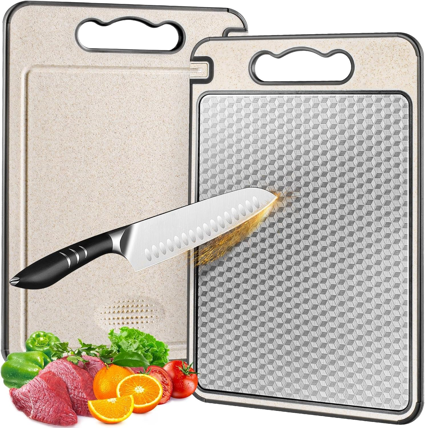 Stainless Steel Cutting Board for Kitchen, Double Sided Non-Slip Scratch-Resistant Mesh Design with Juice Groove Food-Grade Wheat Straw PP Large Chopping Board（15&times;10 In）Easy to Clean ﻿