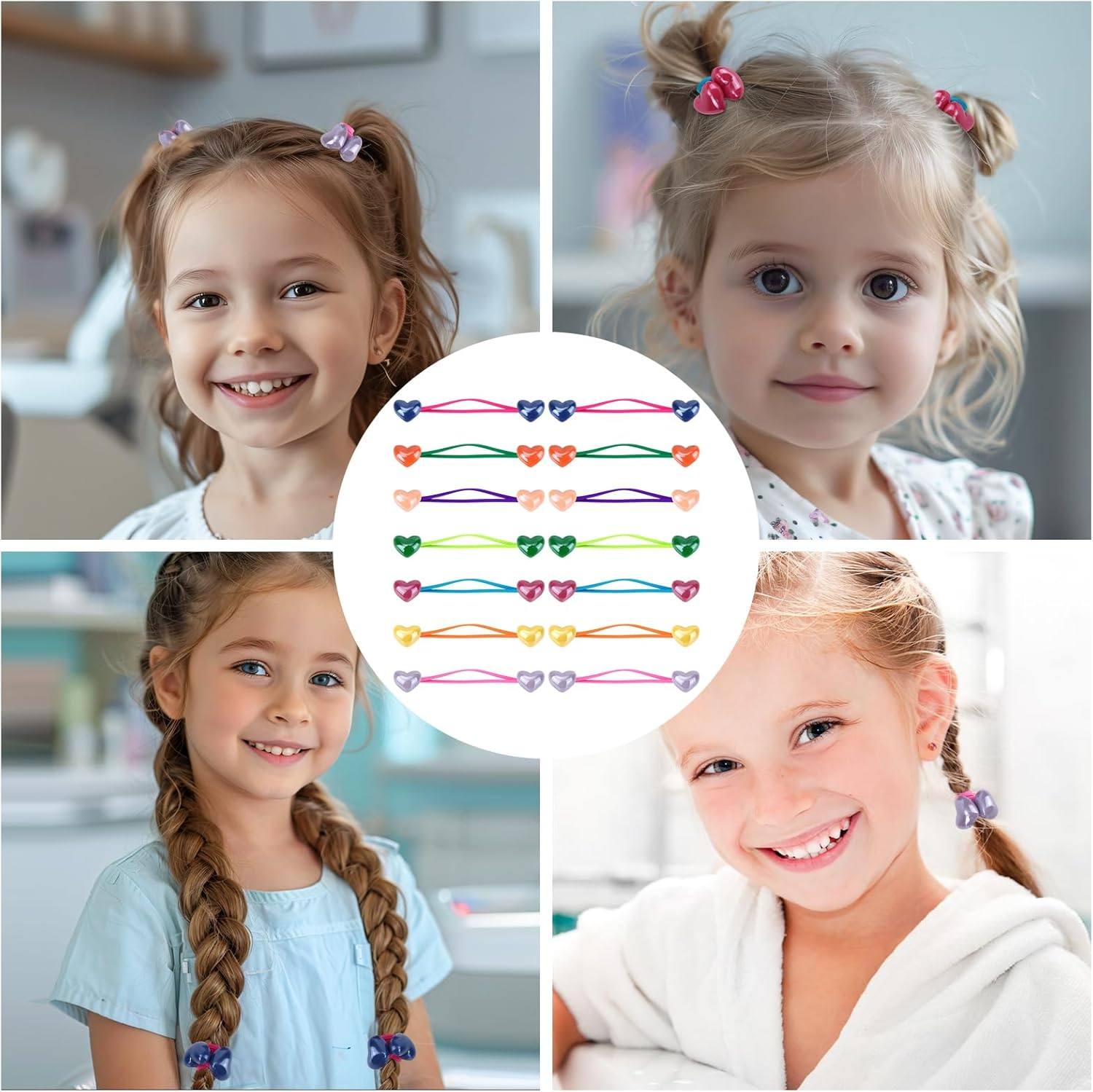 Lasuroa 14 Pcs Ball Charm Hair Ties for Little Girls, Double Heart Shaped Beads Elastic Hair Bands Cute Ponytail Holders for Toddler Girls Hairstyle Accessories